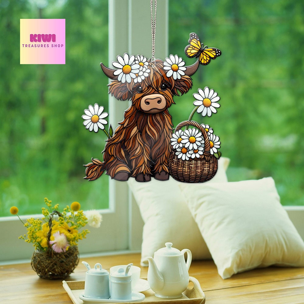 ACRYLIC Daisy Highland cow Window Hanging, Cute baby Cow, Farmhouse decor, Mother's day gift, Housewarming gift, gift for kid