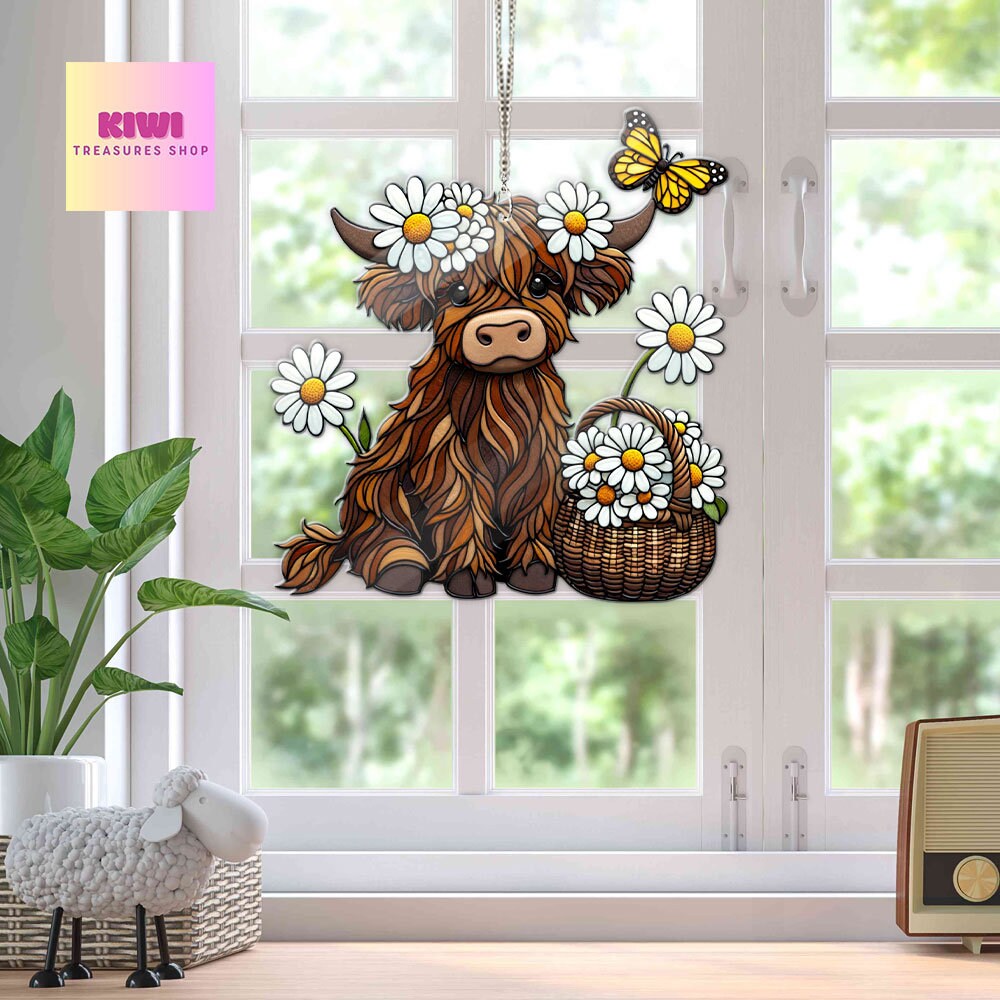 ACRYLIC Daisy Highland cow Window Hanging, Cute baby Cow, Farmhouse decor, Mother's day gift, Housewarming gift, gift for kid