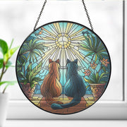 Couple Cat Plants GLASS SUNCATCHER, Cats Home Decor, Cat Window Hanging Decor Gift, Cats Art Glass Suncatcher, Cat Lover Gift, Pet