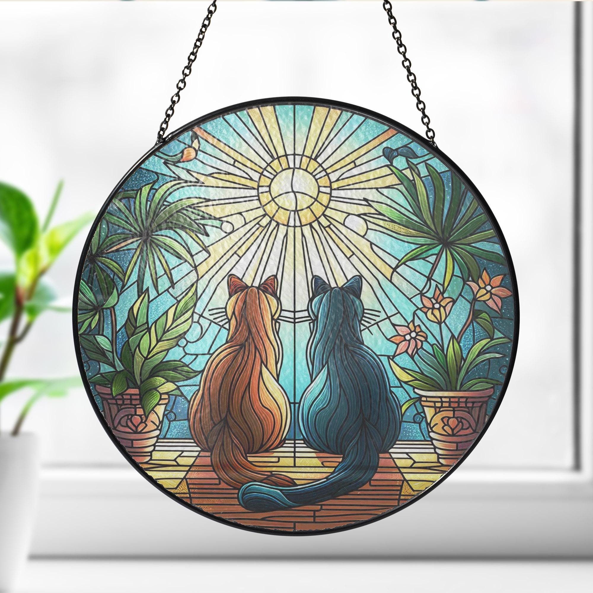 Couple Cat Plants GLASS SUNCATCHER, Cats Home Decor, Cat Window Hanging Decor Gift, Cats Art Glass Suncatcher, Cat Lover Gift, Pet