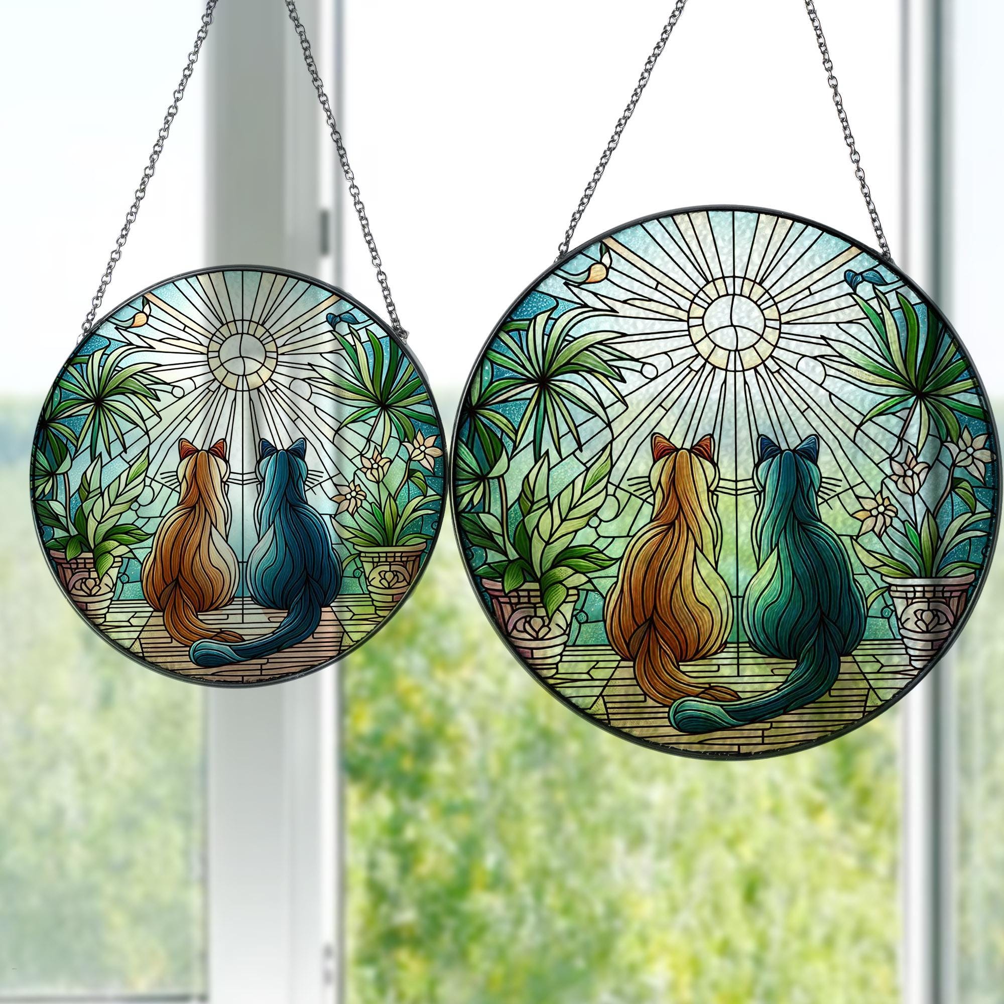 Couple Cat Plants GLASS SUNCATCHER, Cats Home Decor, Cat Window Hanging Decor Gift, Cats Art Glass Suncatcher, Cat Lover Gift, Pet