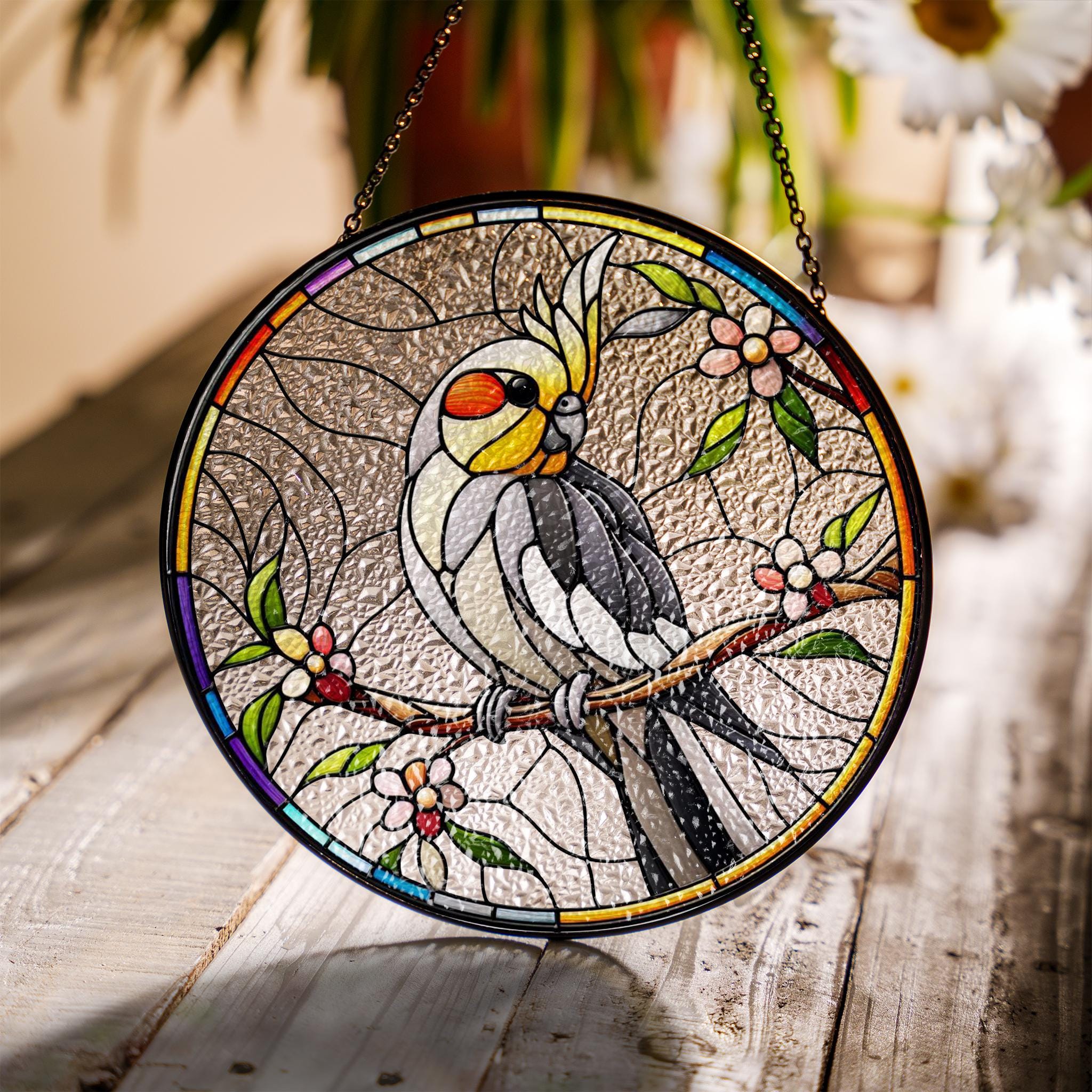 Cockatiel bird on branch GLASS Hanging, Bird Lover Decor, Bird Nerd, Home Decor, Bird Suncatcher Decor, Cockatiel bird Decor