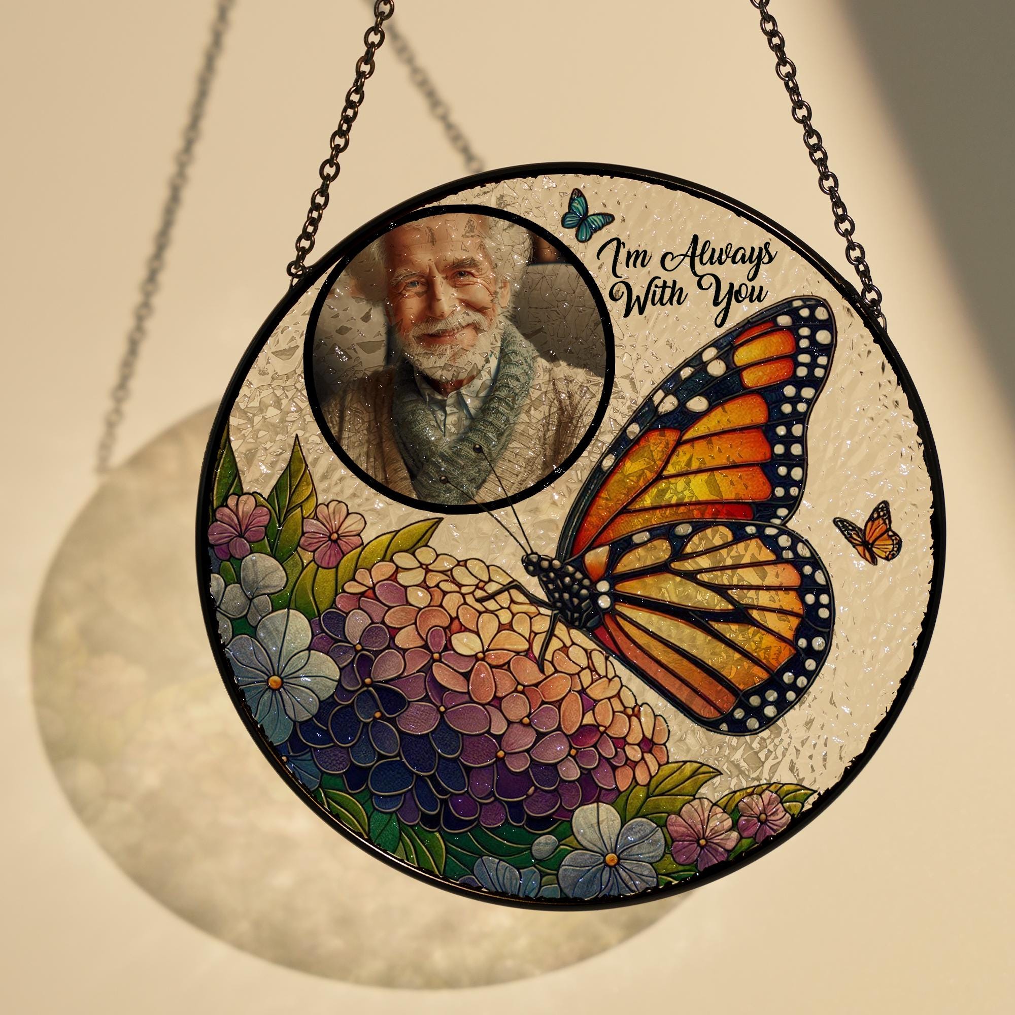 Personalized Photo GLASS Hanging,I'm always with you, Memorial gift, Butterfly glass, Window hanging, Hydrangea flower, Sympathy gift