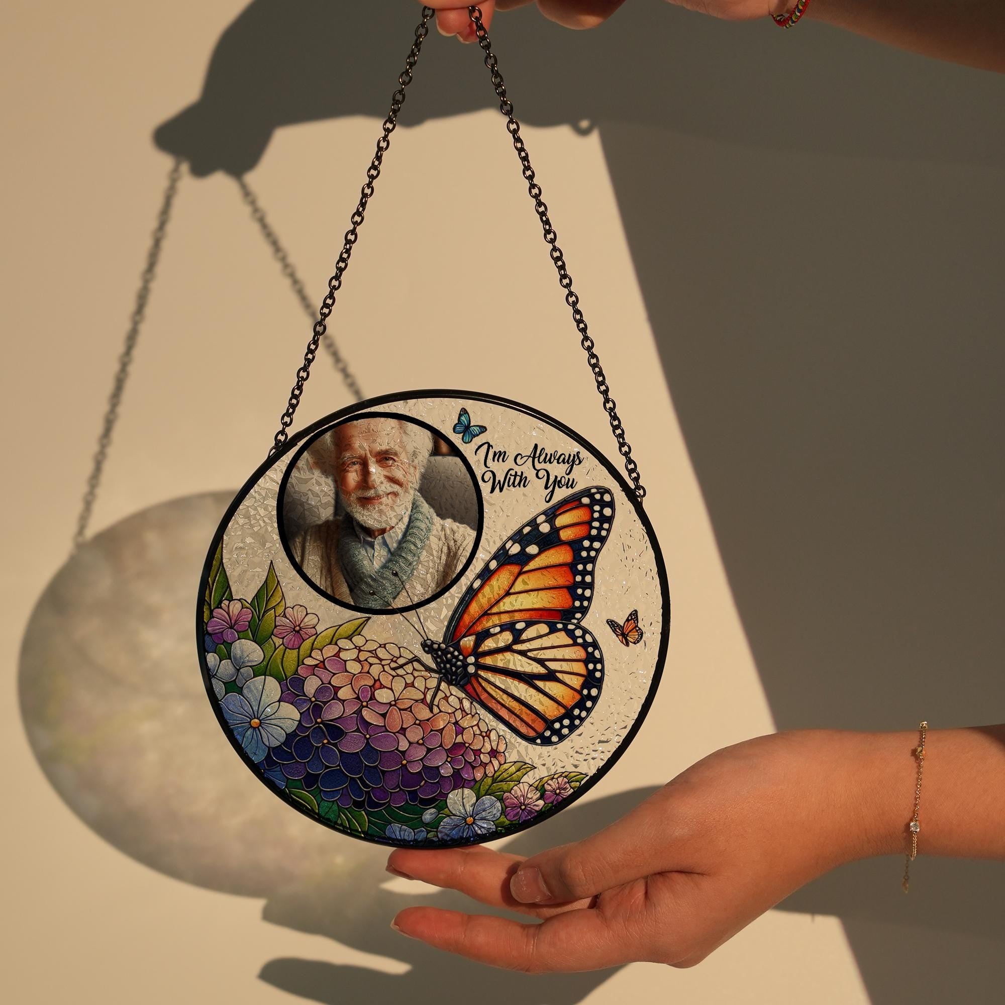 Personalized Photo GLASS Hanging,I'm always with you, Memorial gift, Butterfly glass, Window hanging, Hydrangea flower, Sympathy gift