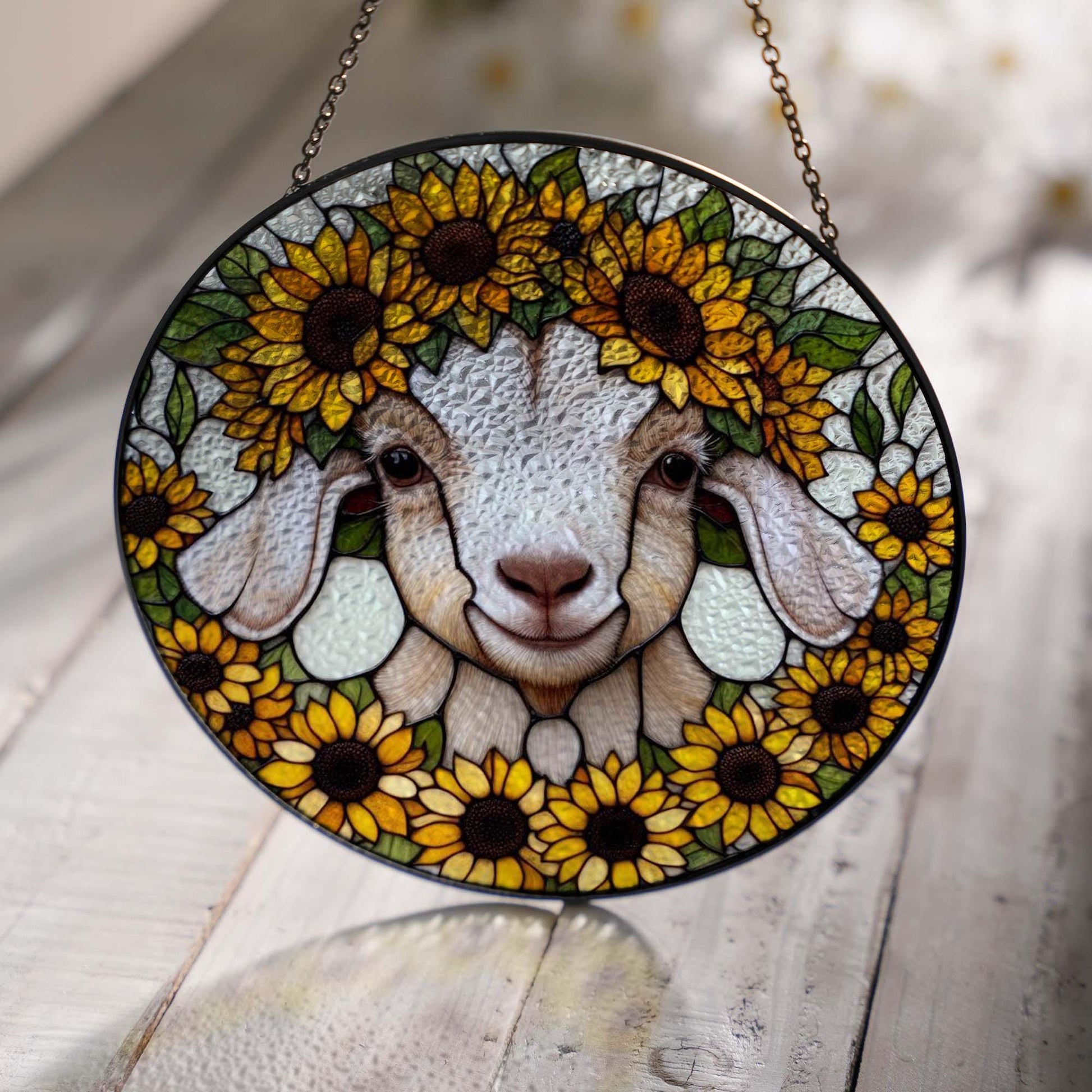 Baby goat among sunflowers GLASS Hanging, goat glass hanging, goat lover gift, Farmhouse sign, window hanging, Home decoration