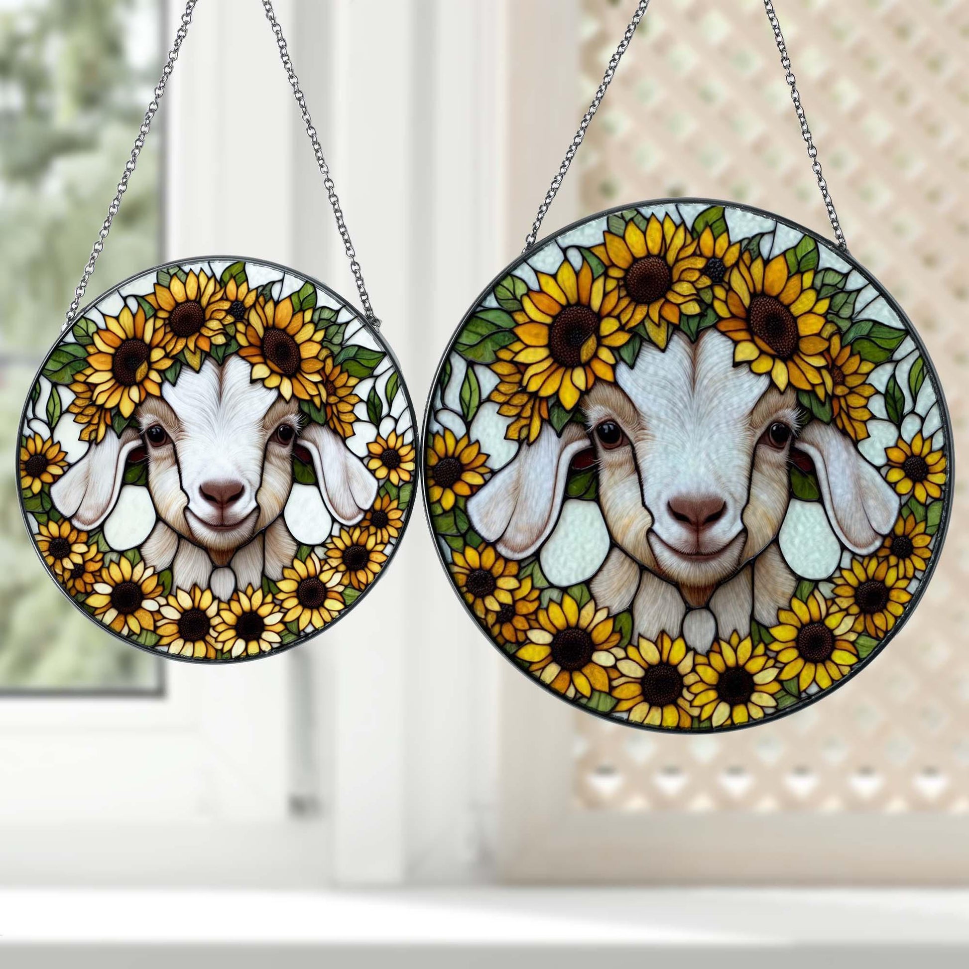 Baby goat among sunflowers GLASS Hanging, goat glass hanging, goat lover gift, Farmhouse sign, window hanging, Home decoration