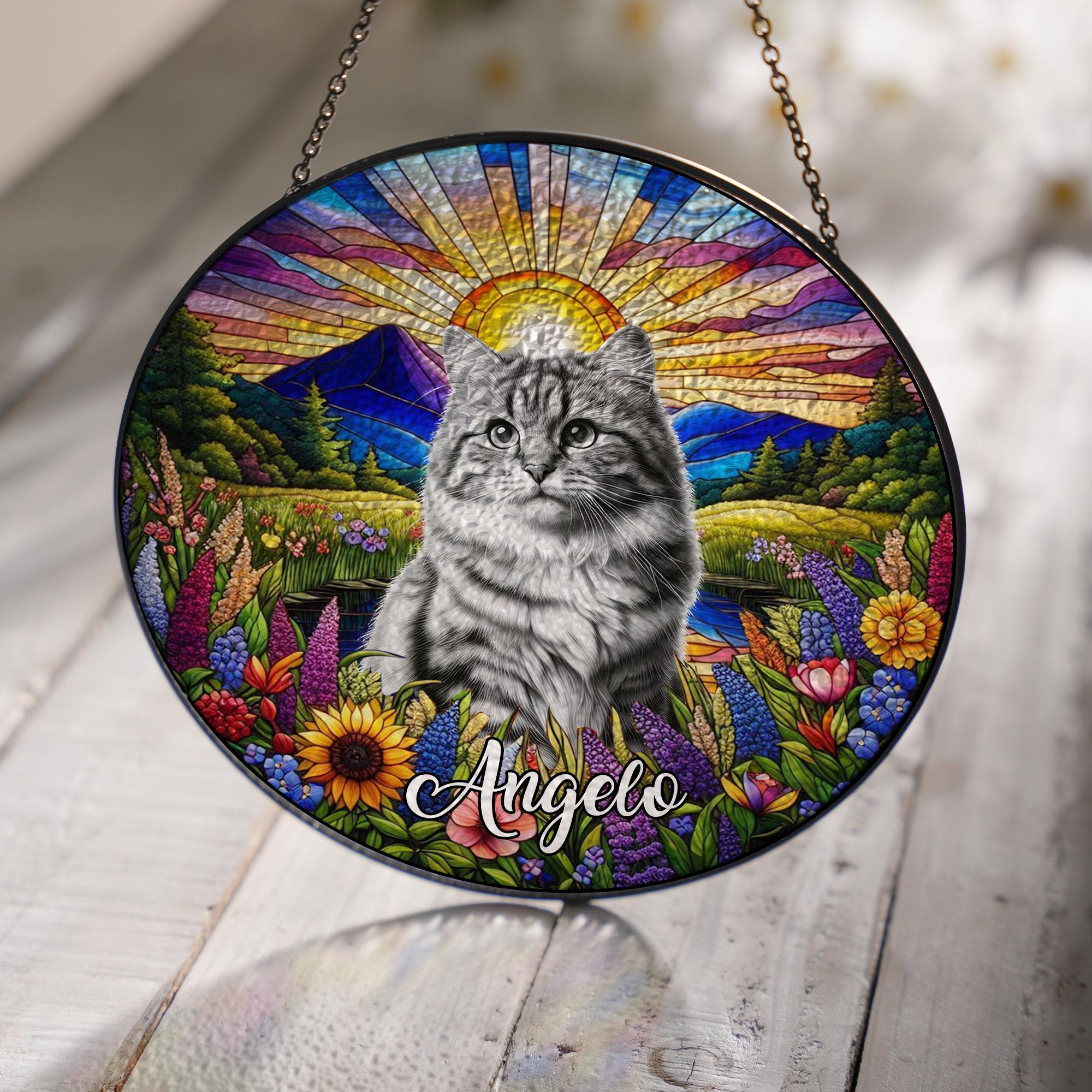 Personalized Pet in wildflower field GLASS Suncatcher Hanging, Potrait Cat dog suncatcher, sympathy gift, gift for cat mom, custom photo