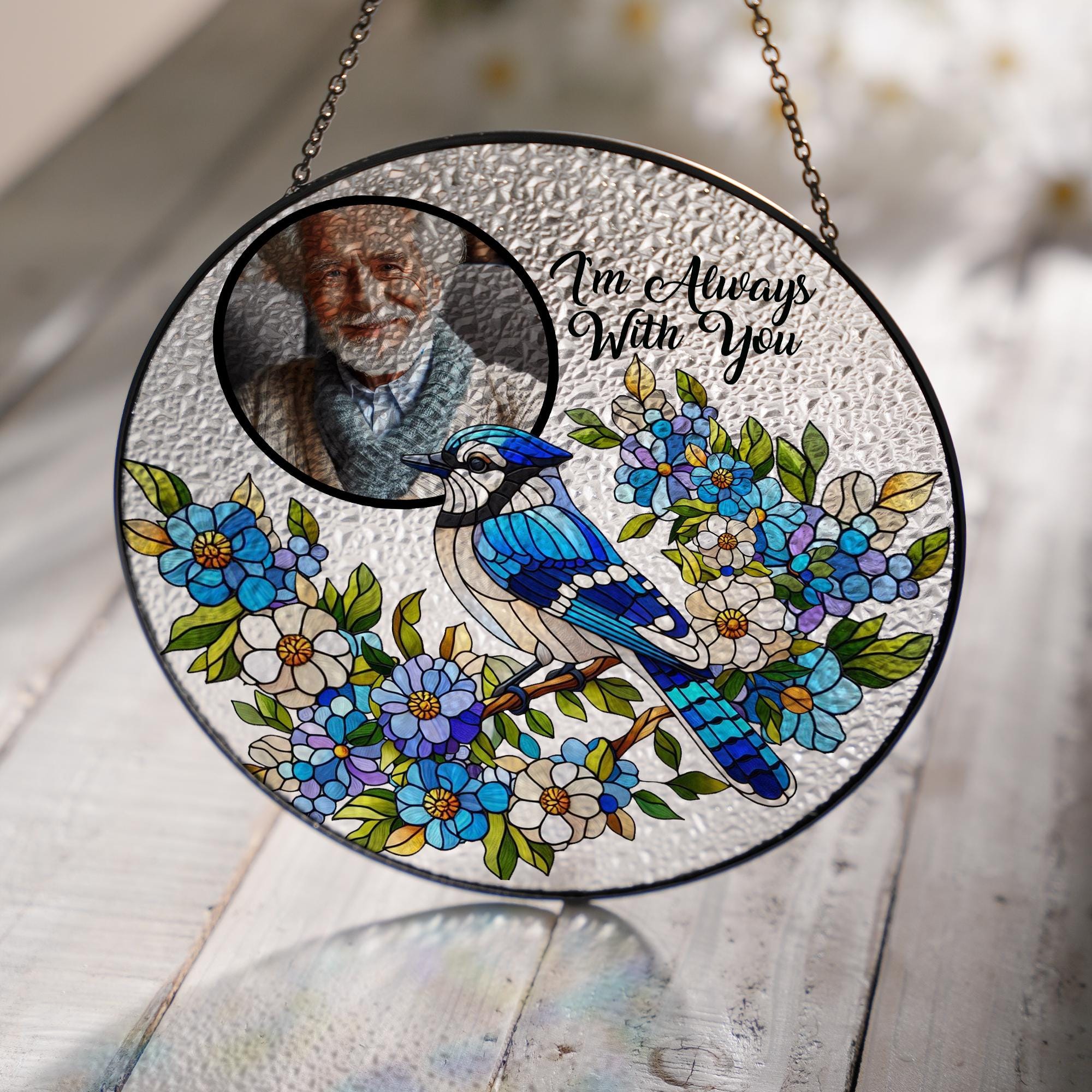 Personalized Photo GLASS Hanging,I'm always with you, Memorial gift, Blue Jay Bird glass, Window hanging, Sympathy gift, Blue Jay hanging