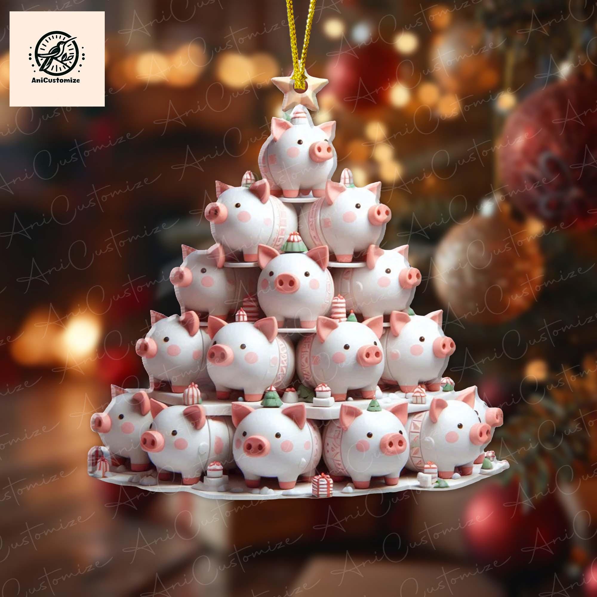 Christmas Pigs Tree Acrylic 2D Flat Ornament, Pig Gift Ornament, Xmas 2024, Pig Lover gift, Farmhouse Decor, Farmers Gift, Pig Xmas Ornament