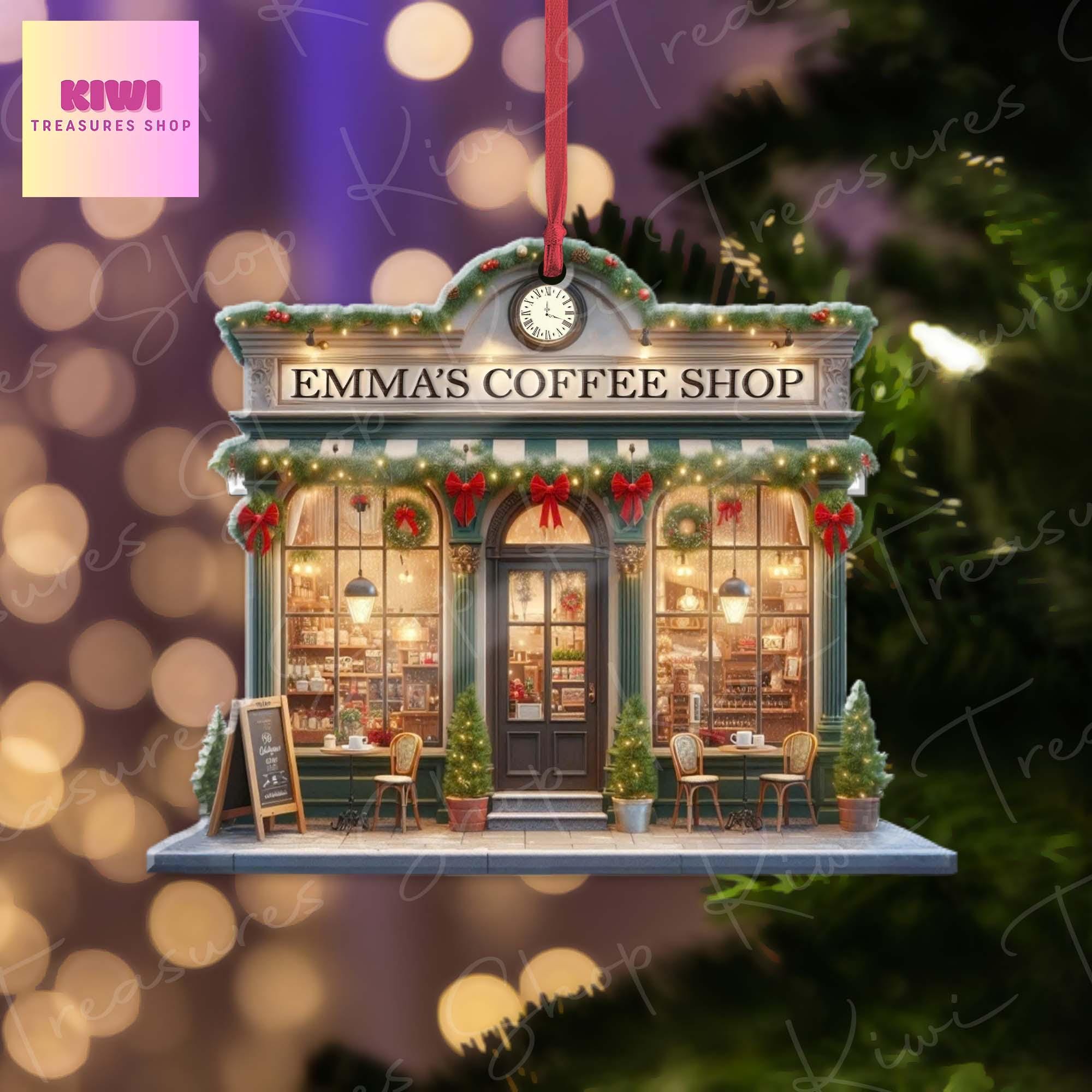 Personalized Coffee shop Front View Xmas Ornament, 2d Flat Coffee shop, Christmas decor, coffee lover gift, Christmas keepsake