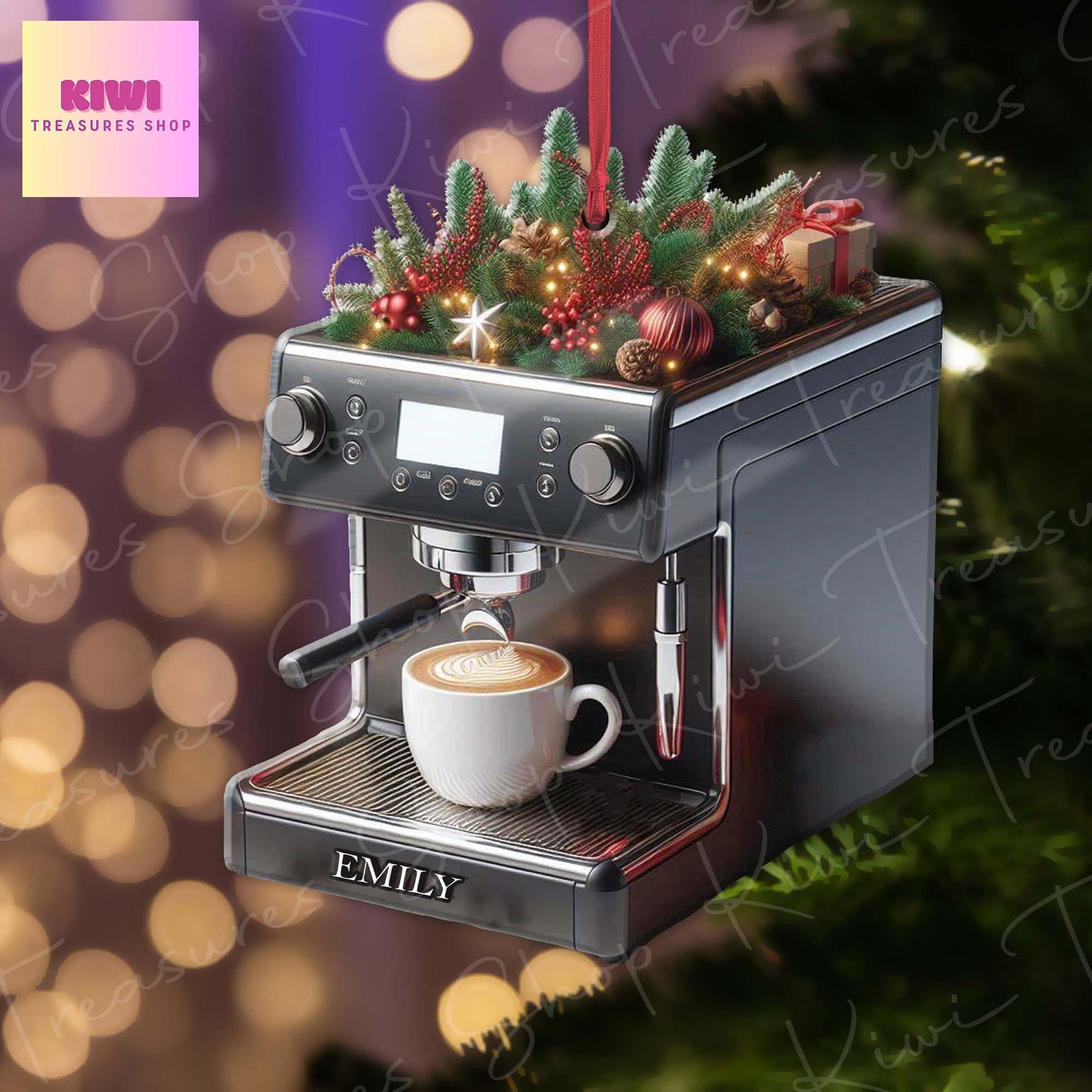 Personalized Coffee machine Xmas Ornament, 2d Flat Coffee maker, Christmas decor, coffee lover gift, Christmas keepsake, barista gift