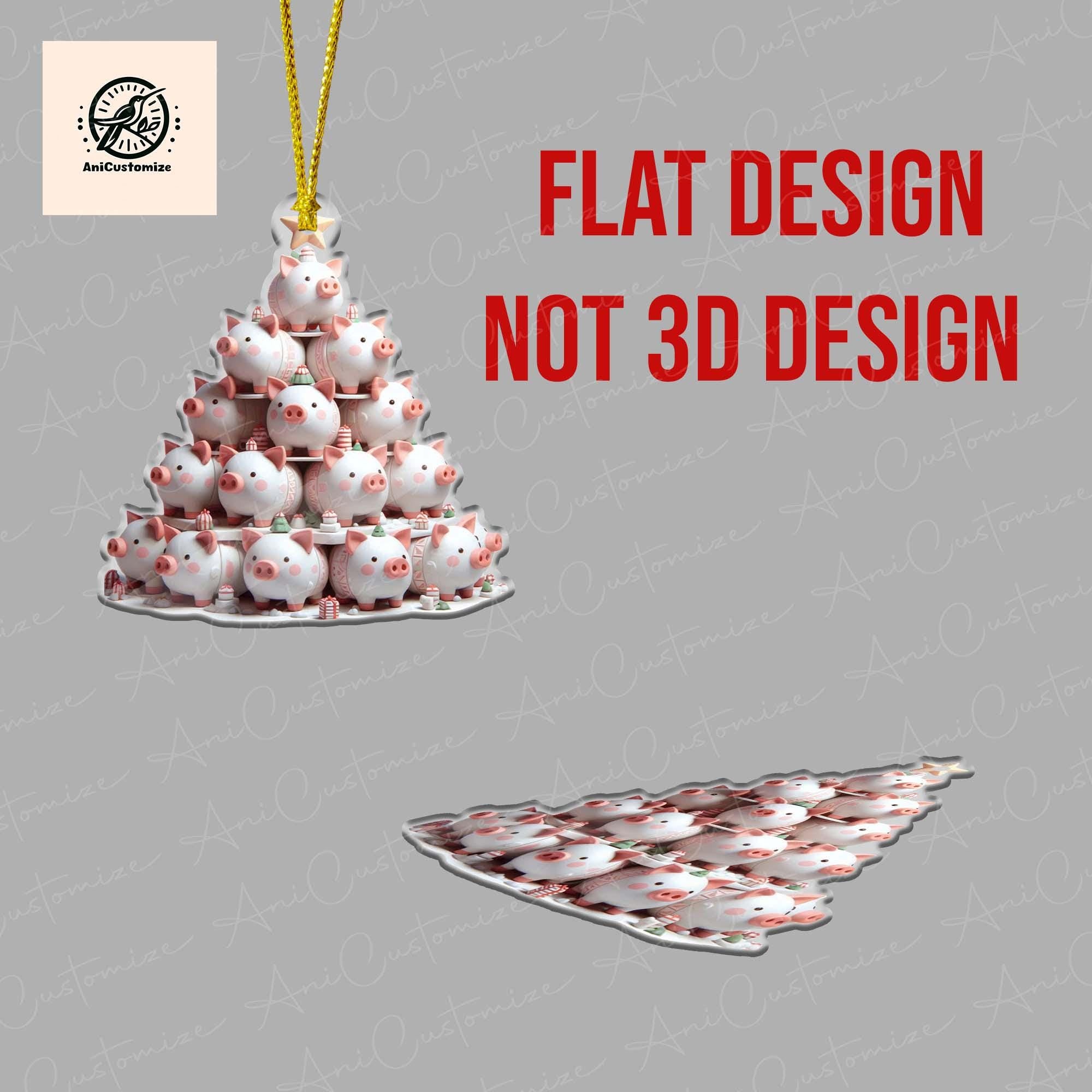 Christmas Pigs Tree Acrylic 2D Flat Ornament, Pig Gift Ornament, Xmas 2024, Pig Lover gift, Farmhouse Decor, Farmers Gift, Pig Xmas Ornament