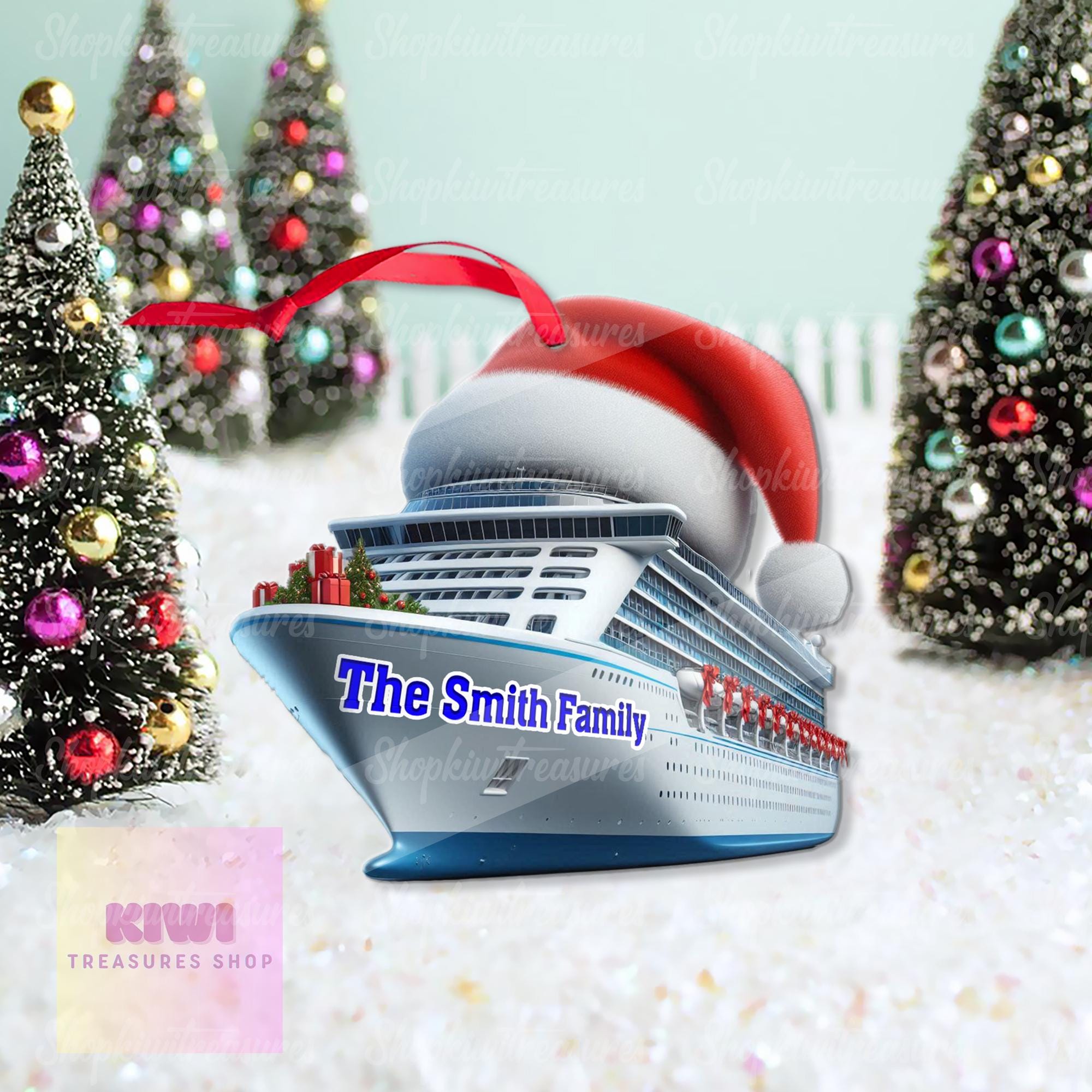 Custom Cruise Ship Ornament • Personalized Family Name FLAT 2d Christmas Decoration