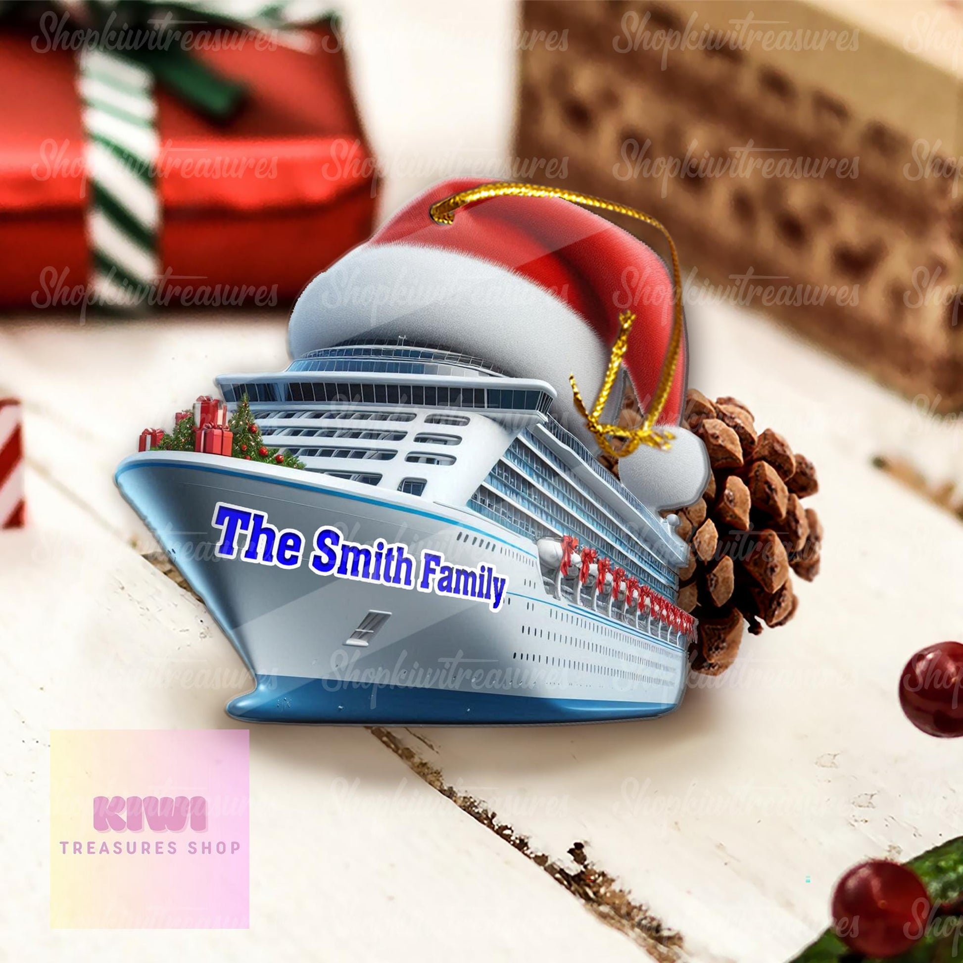 Custom Cruise Ship Ornament • Personalized Family Name FLAT 2d Christmas Decoration