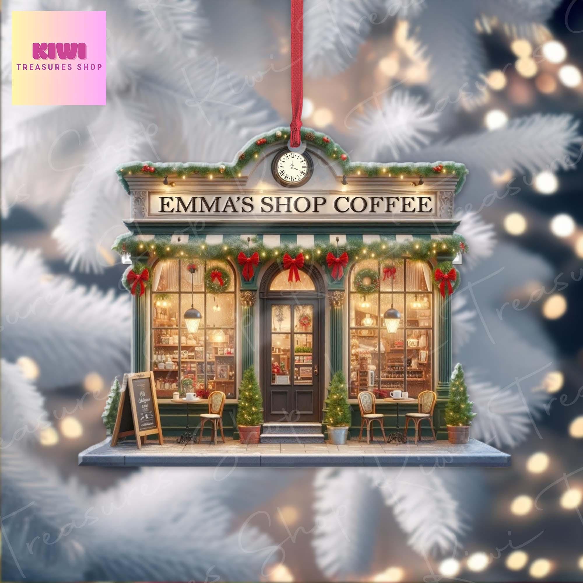 Personalized Coffee shop Front View Xmas Ornament, 2d Flat Coffee shop, Christmas decor, coffee lover gift, Christmas keepsake