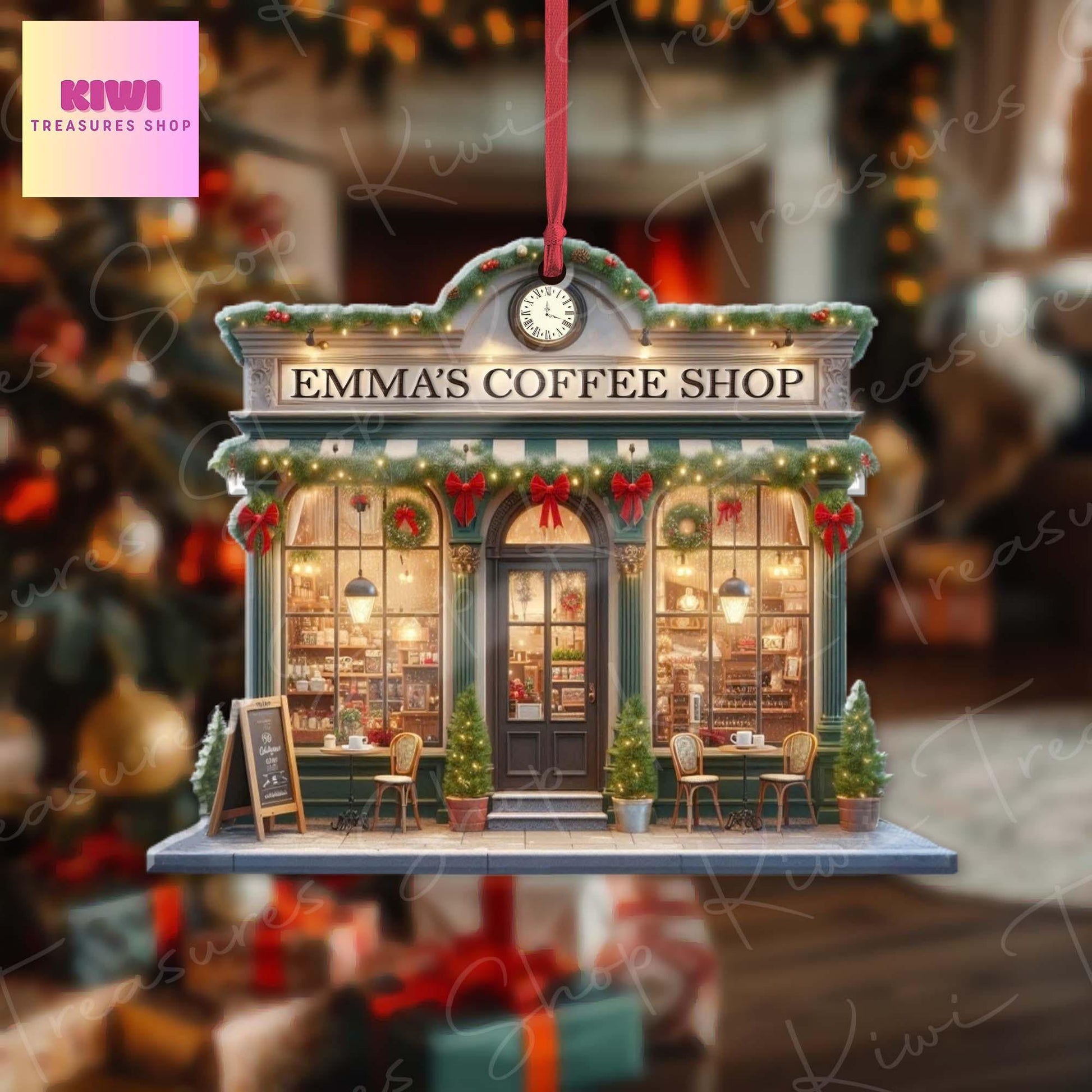 Personalized Coffee shop Front View Xmas Ornament, 2d Flat Coffee shop, Christmas decor, coffee lover gift, Christmas keepsake