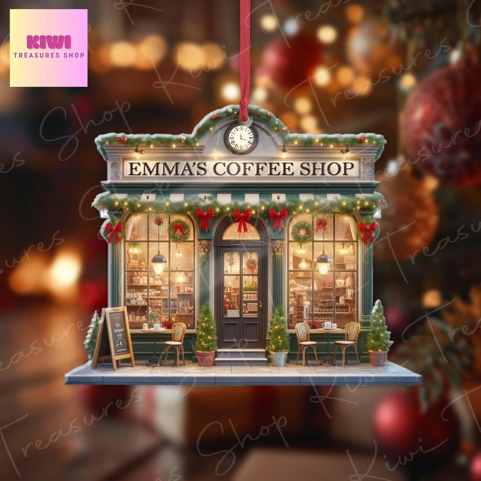 Personalized Coffee shop Front View Xmas Ornament, 2d Flat Coffee shop, Christmas decor, coffee lover gift, Christmas keepsake