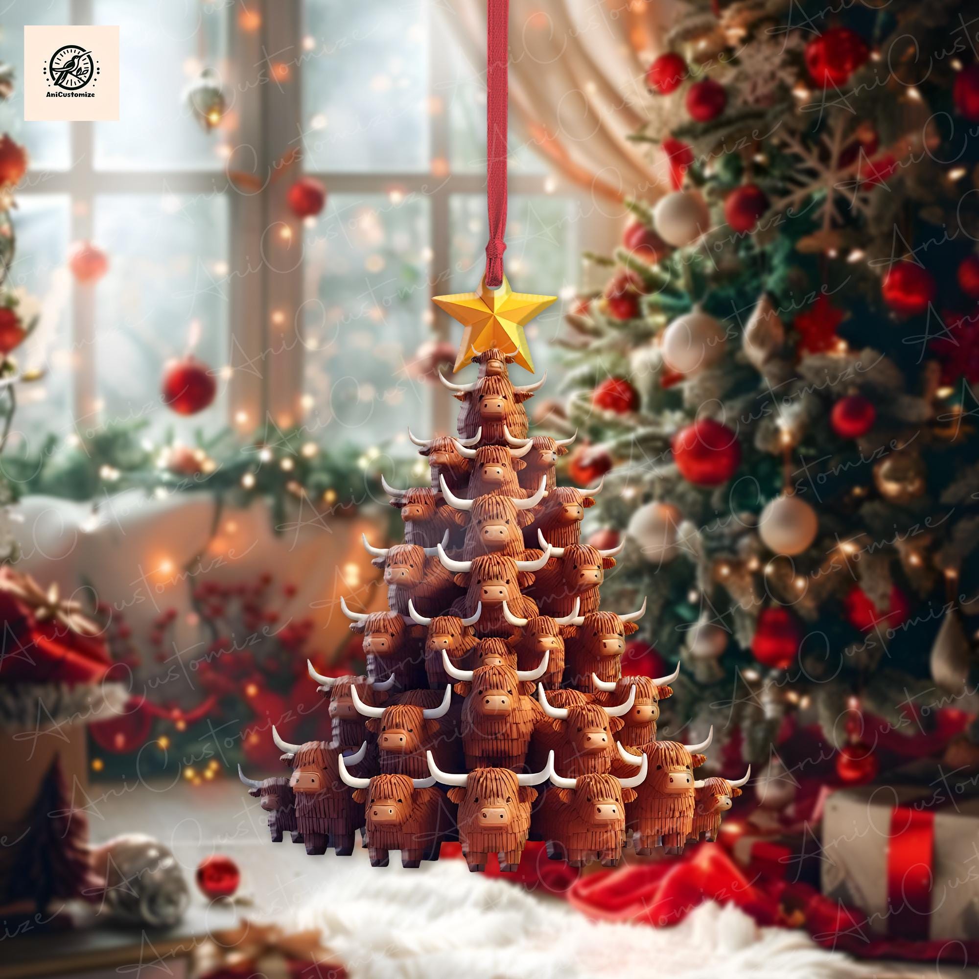 Christmas Highland Cows Tree Acrylic 2D Flat Ornament, Highland Cows Gift Ornament, Cow Lover gift, Farmhouse Decor, Farmers Gift, Xmas Tree