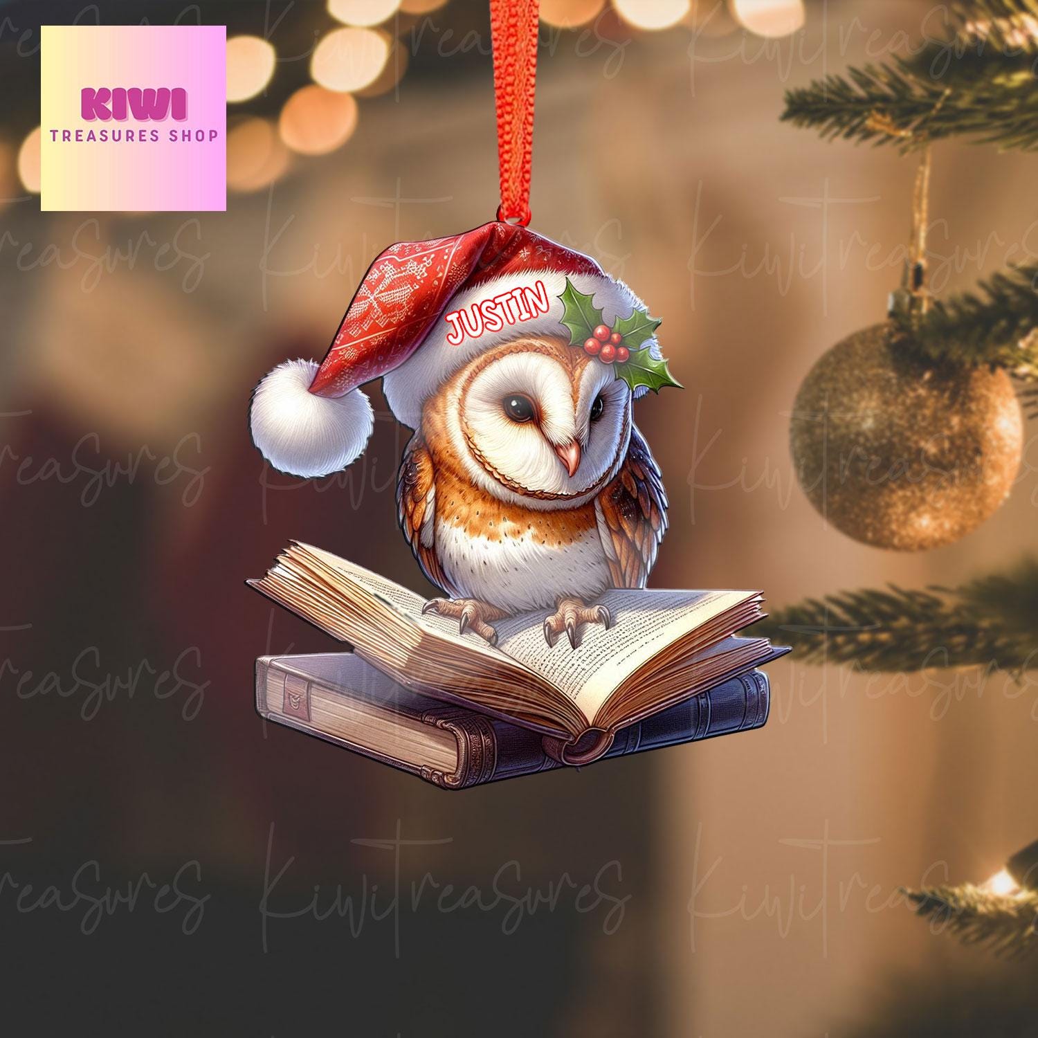 Custom Barn owl on book Ornament, 2D Flat ornament, Xmas Decoration, Reading lover gift, Book nerd gift, Book Lover Gift, Librarian Gift
