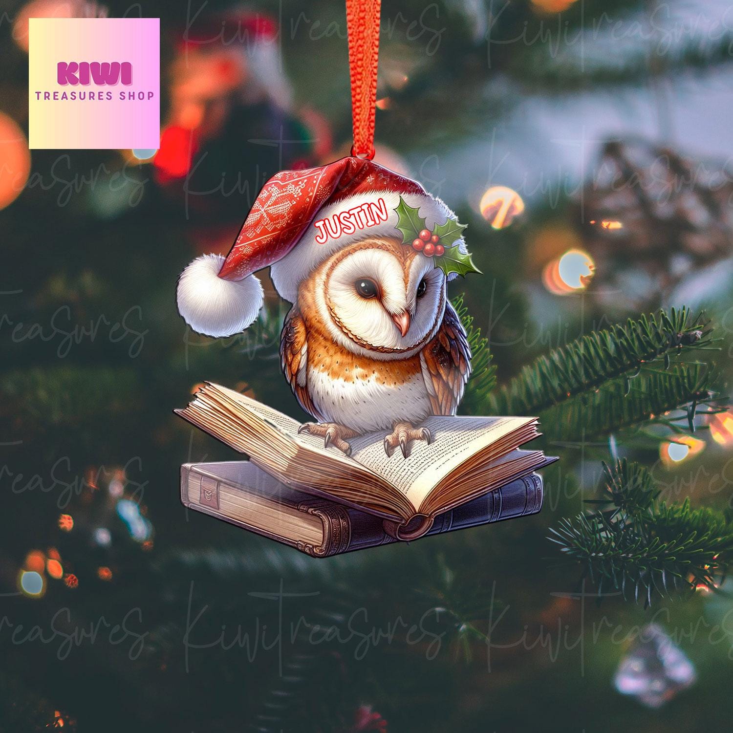 Custom Barn owl on book Ornament, 2D Flat ornament, Xmas Decoration, Reading lover gift, Book nerd gift, Book Lover Gift, Librarian Gift