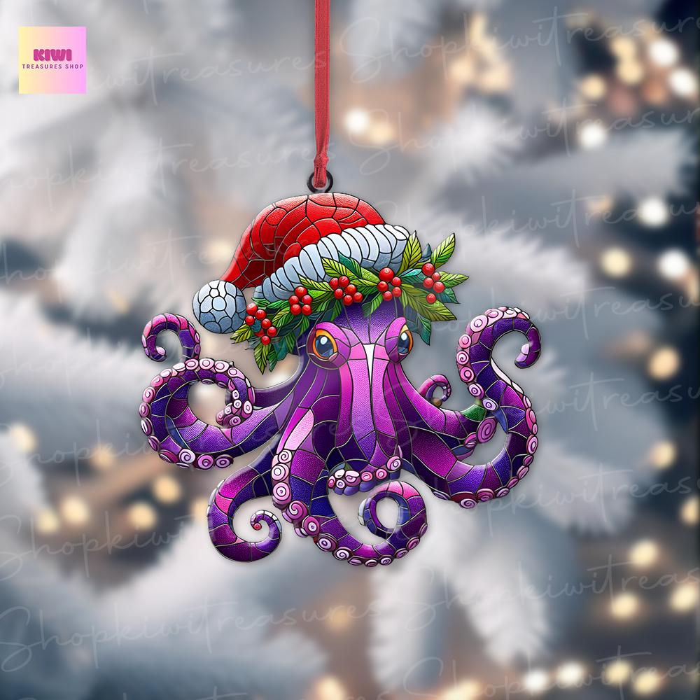 Christmas octopus Ornament, purple octopus ornament, sea animal ornament, octopus lover gift, unique idea gift, funny octopus hanging