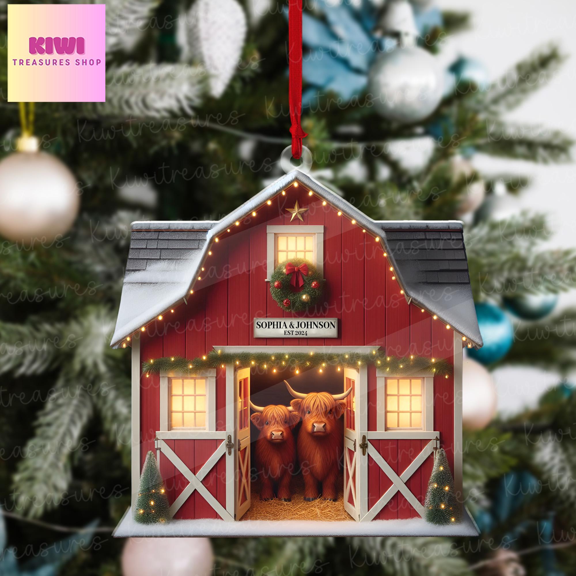 Personalized Red Barn Ornament, highland cow couple ornament, Farmhouse christmas tree hanging, idea gift for couple, FLAT 2d ornament