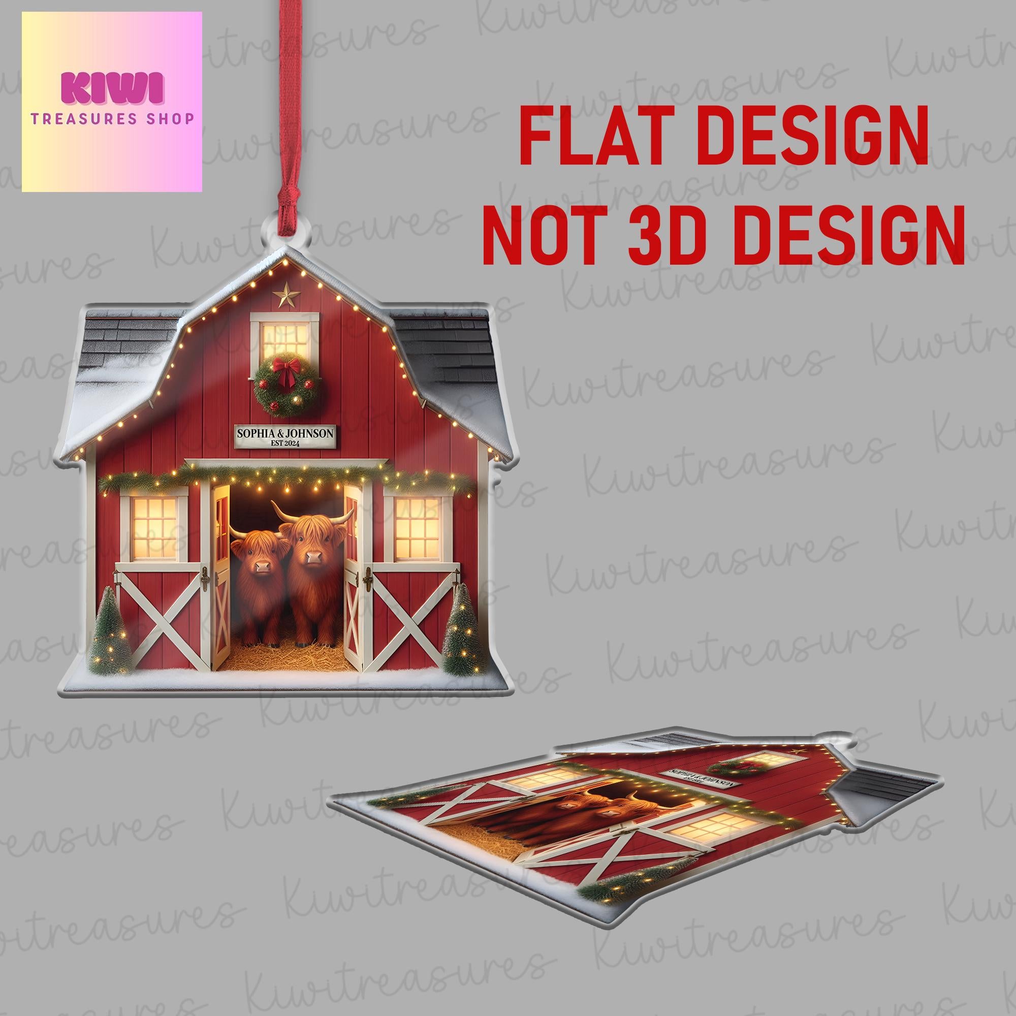 Personalized Red Barn Ornament, highland cow couple ornament, Farmhouse christmas tree hanging, idea gift for couple, FLAT 2d ornament