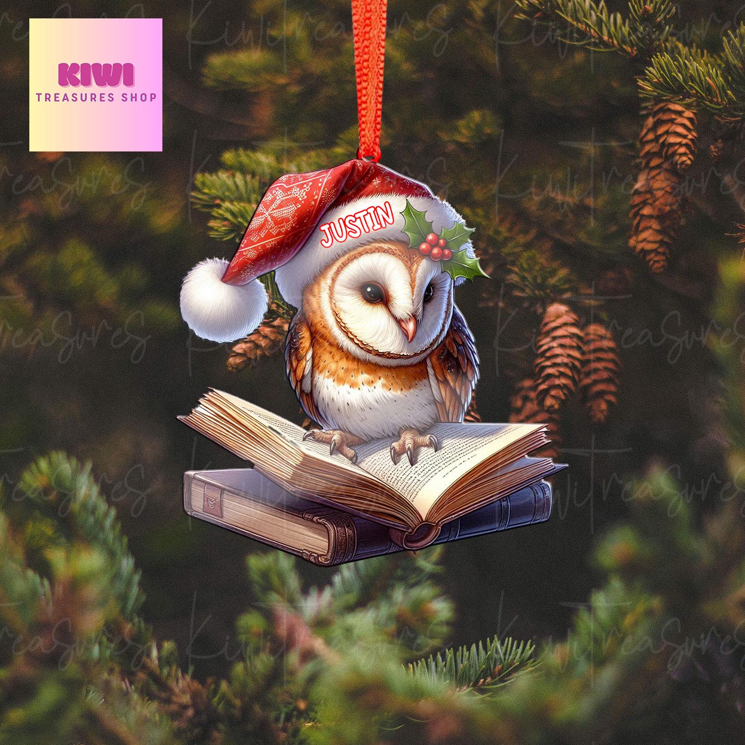 Custom Barn owl on book Ornament, 2D Flat ornament, Xmas Decoration, Reading lover gift, Book nerd gift, Book Lover Gift, Librarian Gift