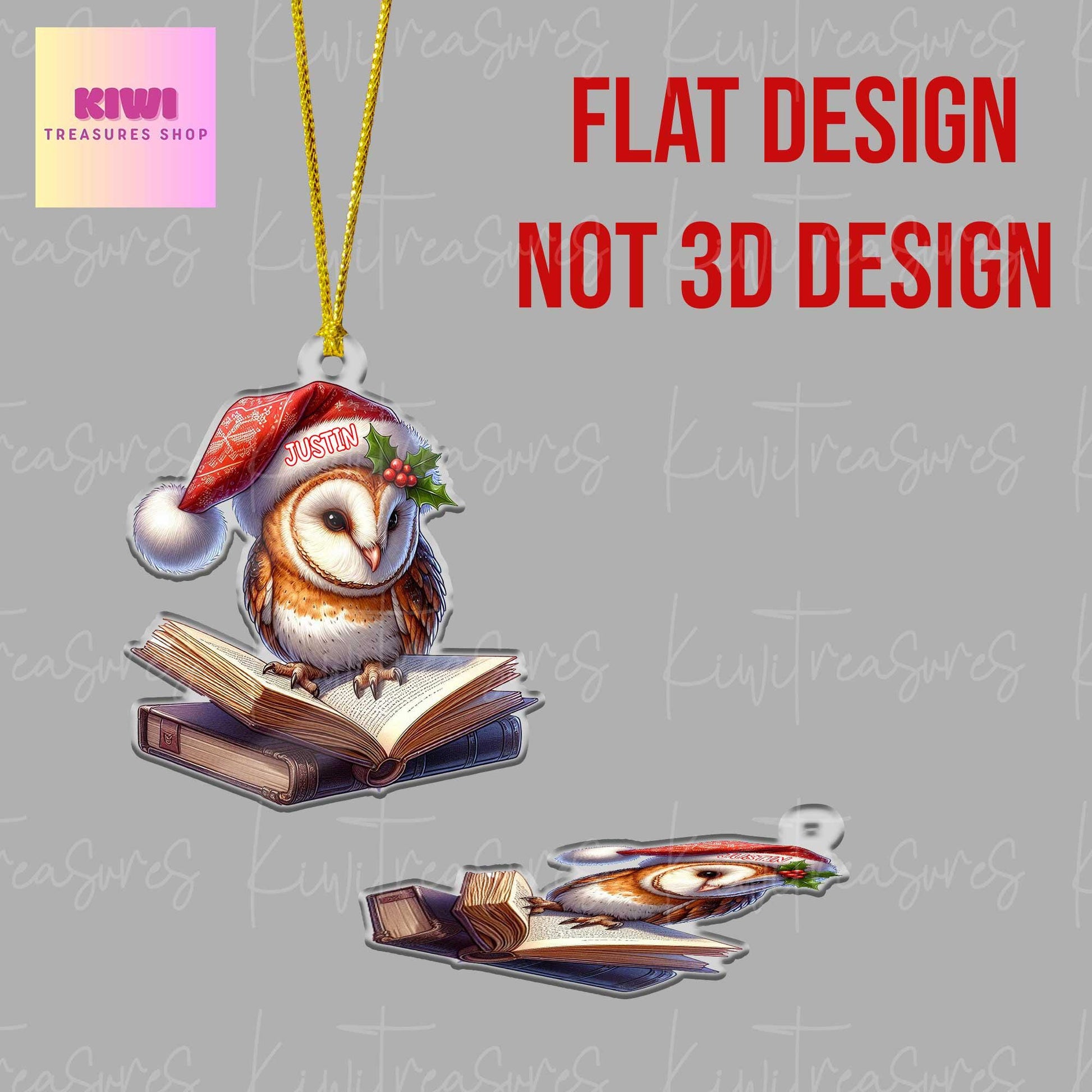 Custom Barn owl on book Ornament, 2D Flat ornament, Xmas Decoration, Reading lover gift, Book nerd gift, Book Lover Gift, Librarian Gift