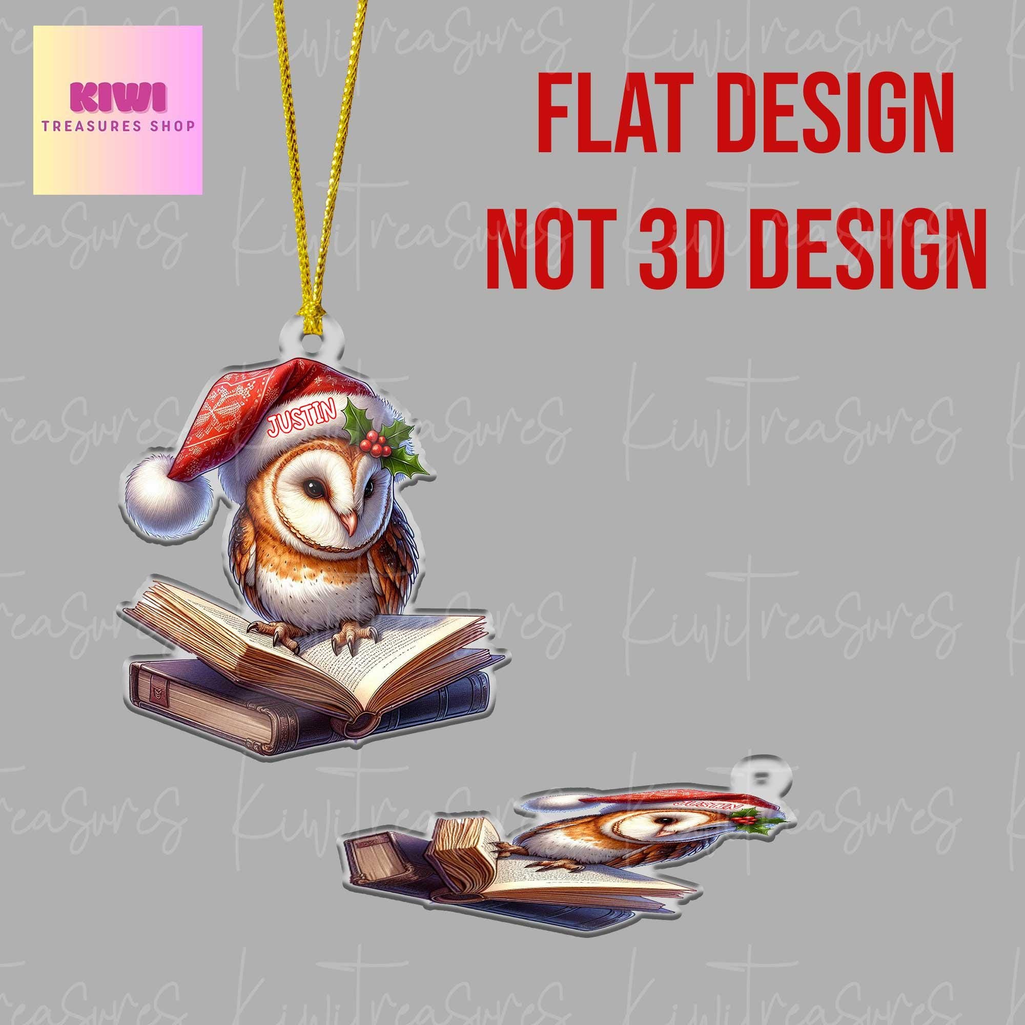 Custom Barn owl on book Ornament, 2D Flat ornament, Xmas Decoration, Reading lover gift, Book nerd gift, Book Lover Gift, Librarian Gift