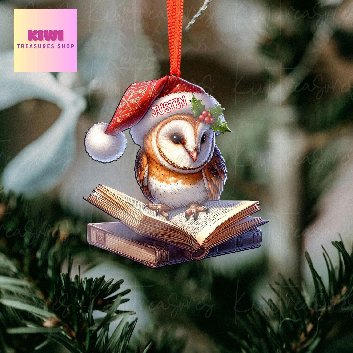 Custom Barn owl on book Ornament, 2D Flat ornament, Xmas Decoration, Reading lover gift, Book nerd gift, Book Lover Gift, Librarian Gift