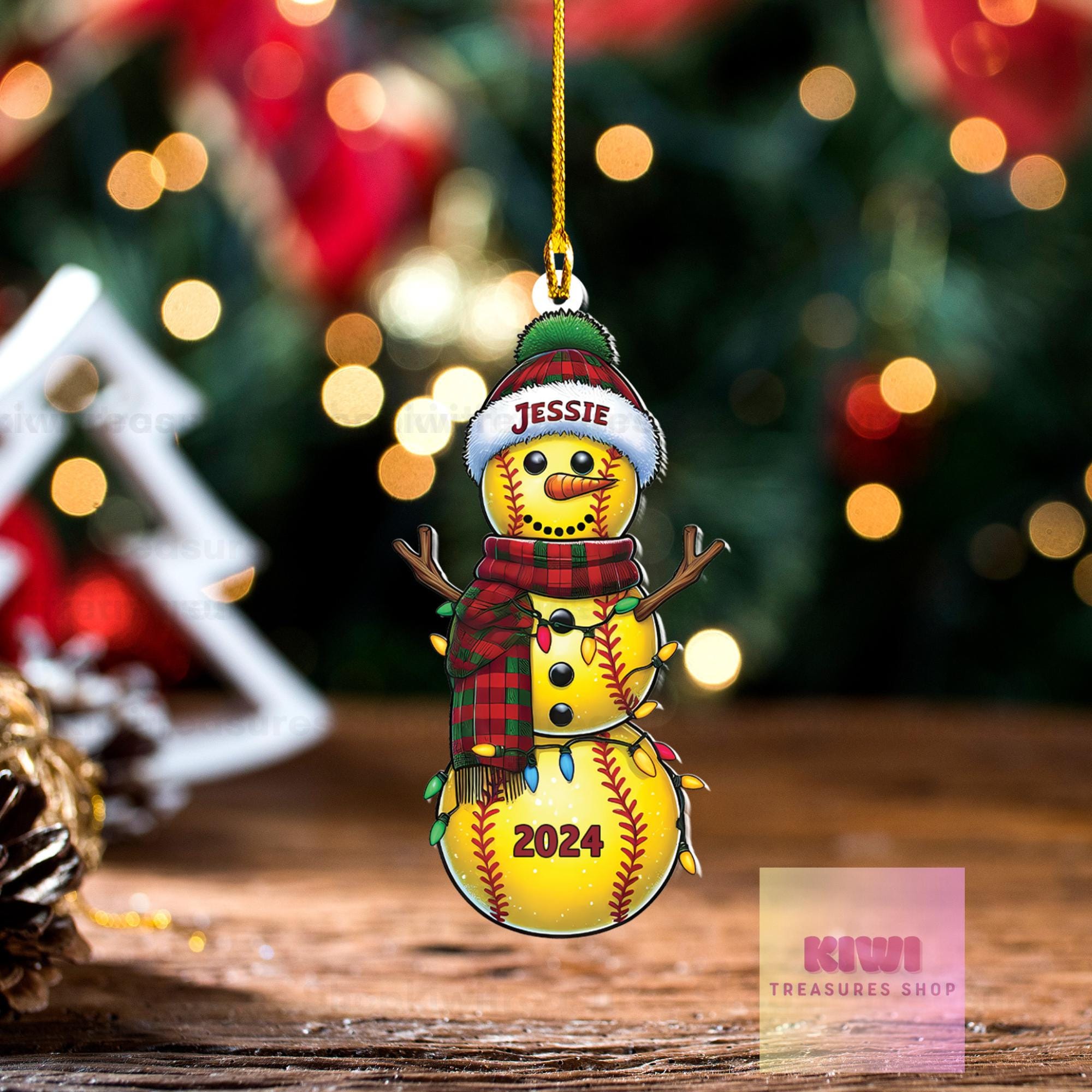 Personalized Solftball snowman Ornament, 2d FLAT softball ornament, Softball Christmaas ornament, Sport idea gift for daughter