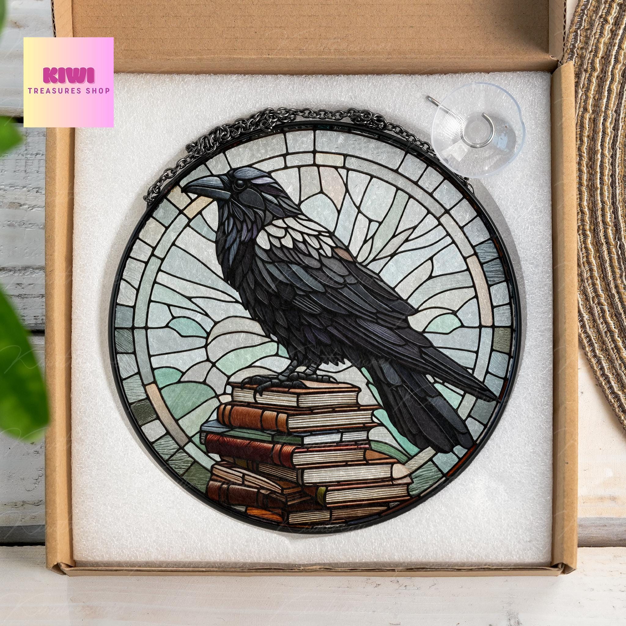 Crow on bookstack GLASS Suncatcher, Crow Suncatcher Ornament, bird watching gift, Librarian idea gift, Reading room sign, raven suncatcher
