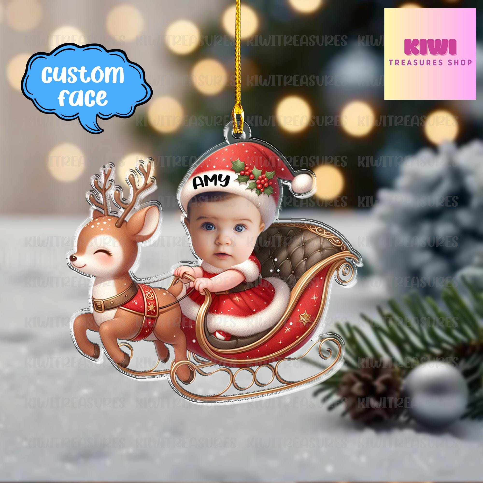 Personalized custom face baby FLAT Ornament, 2d Flat santa sleigh ornament, Christmas decor, gift for girls, cute kid ornament