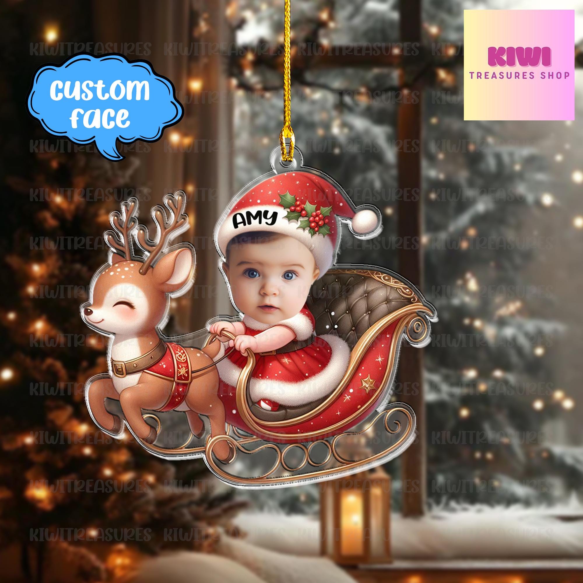 Personalized custom face baby FLAT Ornament, 2d Flat santa sleigh ornament, Christmas decor, gift for girls, cute kid ornament