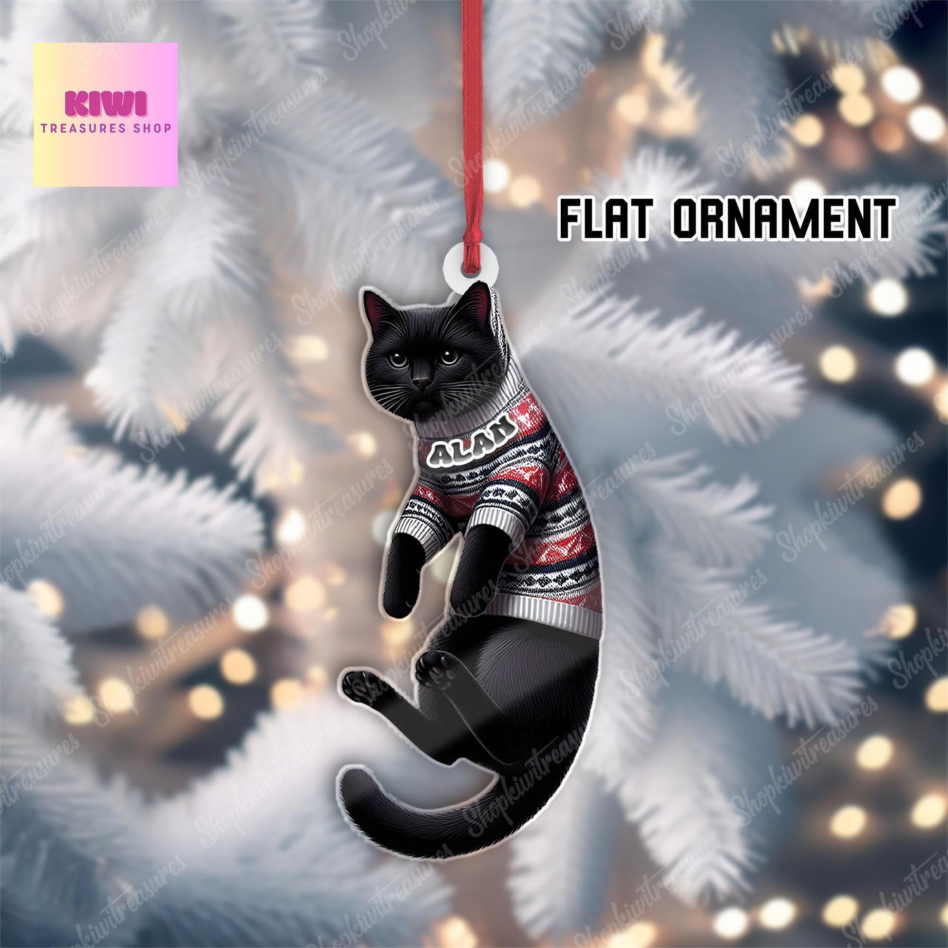 Custom Black Cat Ornament • Personalized Pet Flat Christmas Decoration