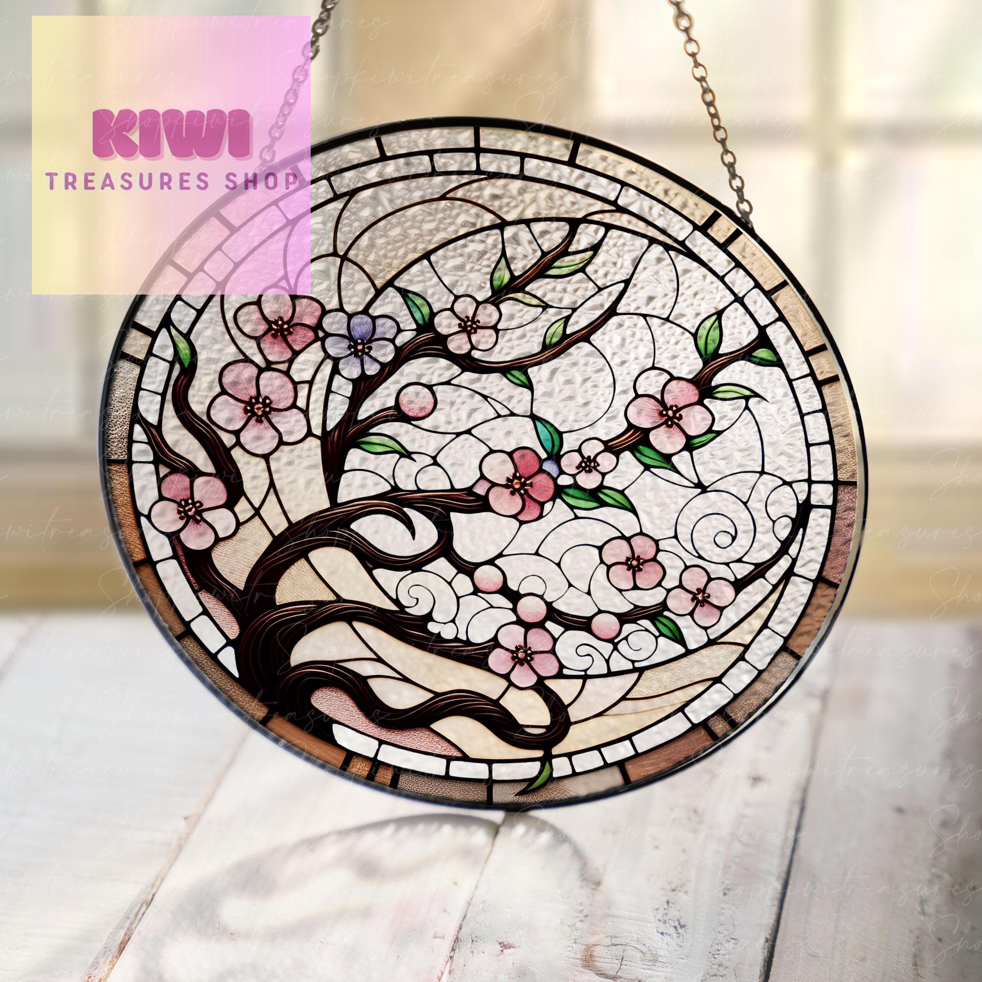 Crescent Moon with Sakura GLASS Sun Catcher | Cherry Blossom Ornament | Cherry Blossom Lover Gift | Gift for Mom | Wall Art Decor