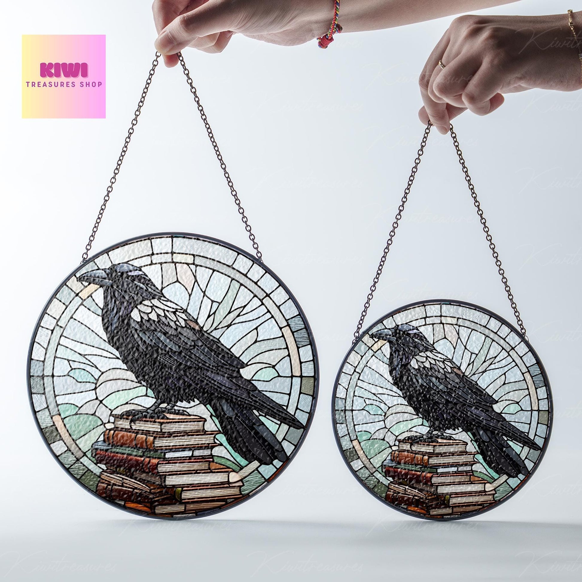 Crow on bookstack GLASS Suncatcher, Crow Suncatcher Ornament, bird watching gift, Librarian idea gift, Reading room sign, raven suncatcher