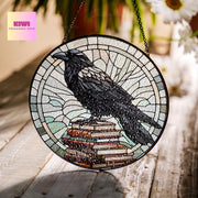Crow on bookstack GLASS Suncatcher, Crow Suncatcher Ornament, bird watching gift, Librarian idea gift, Reading room sign, raven suncatcher
