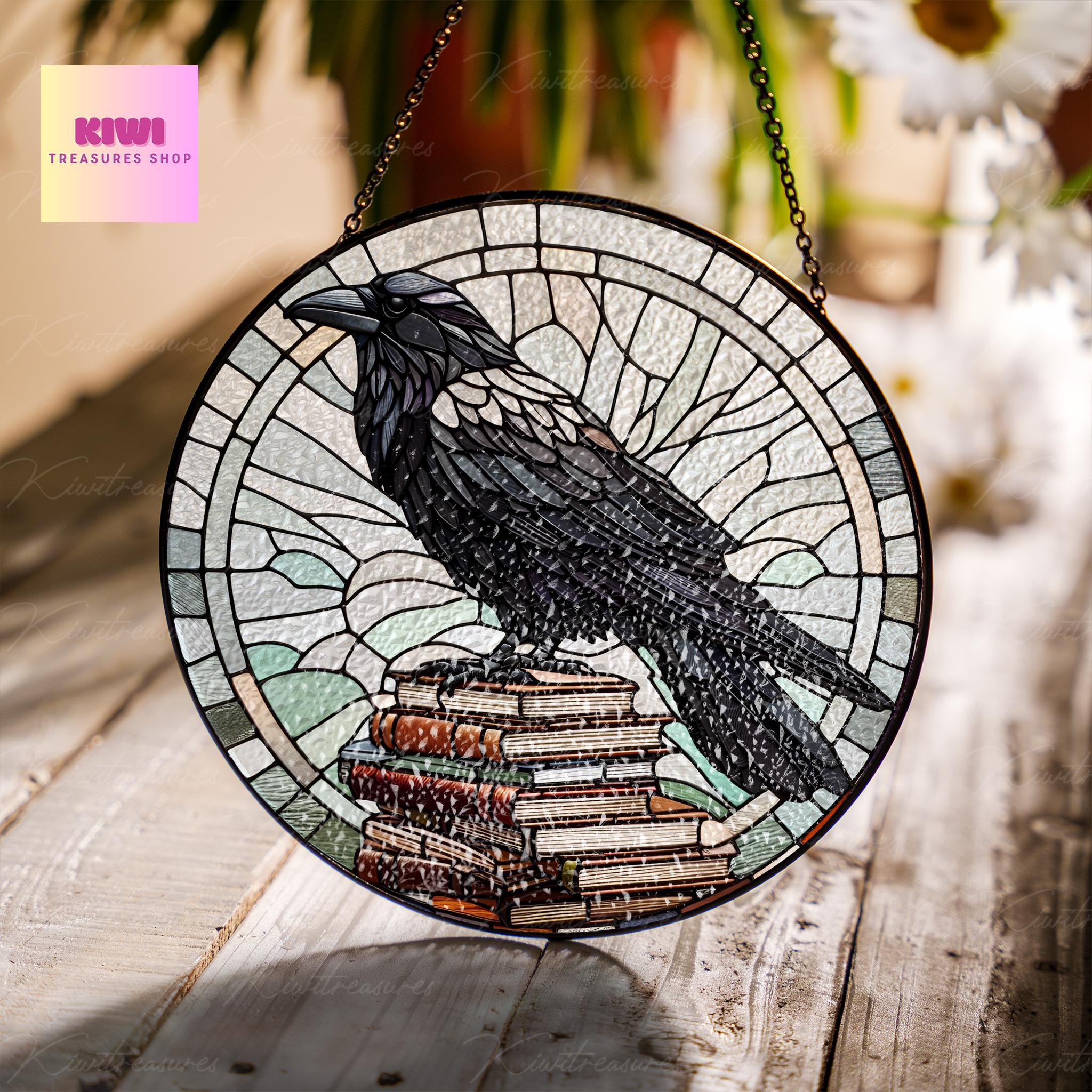 Crow on bookstack GLASS Suncatcher, Crow Suncatcher Ornament, bird watching gift, Librarian idea gift, Reading room sign, raven suncatcher