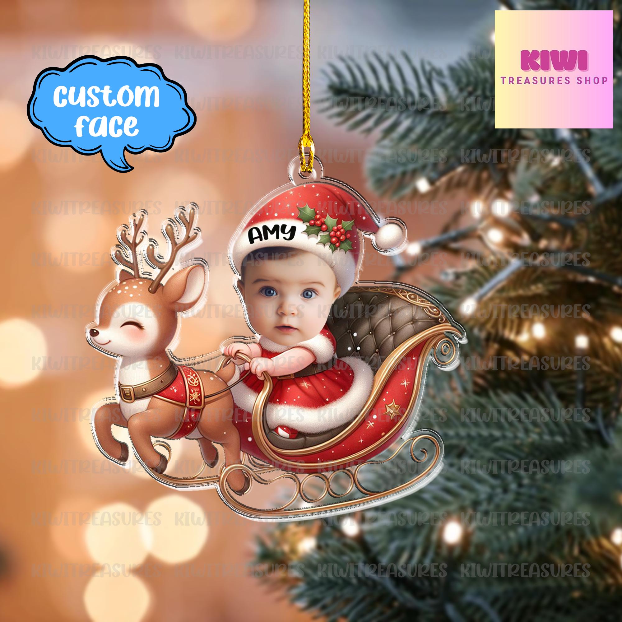 Personalized custom face baby FLAT Ornament, 2d Flat santa sleigh ornament, Christmas decor, gift for girls, cute kid ornament
