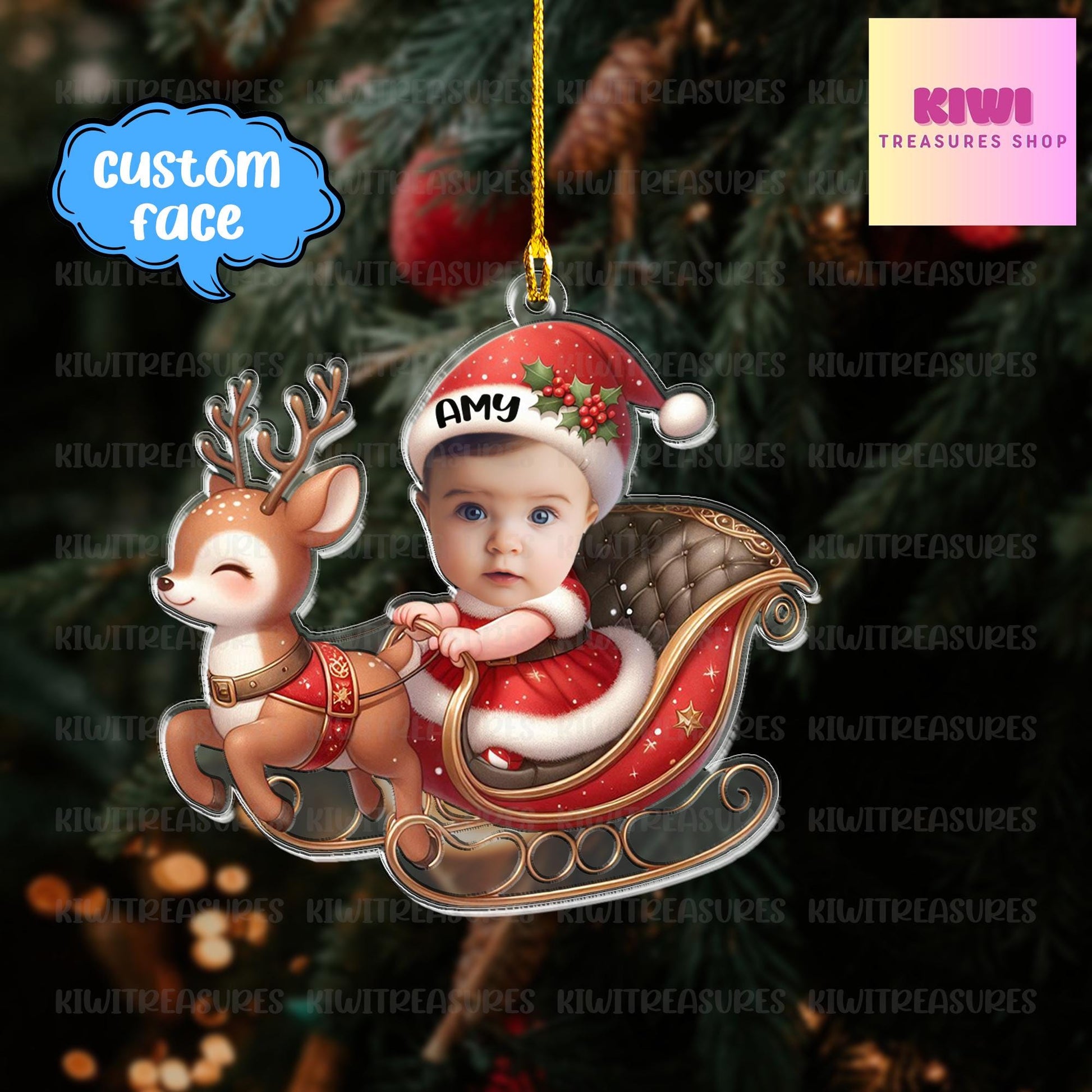 Personalized custom face baby FLAT Ornament, 2d Flat santa sleigh ornament, Christmas decor, gift for girls, cute kid ornament