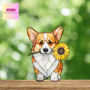 Corgi With Sunflower ACRYLIC Window Hanging, Dog Window Hanging, Corgi Lover Decor, Dog Mom Decor, Dog Lover Gift, Funny Dog, Corgi Mom Gift