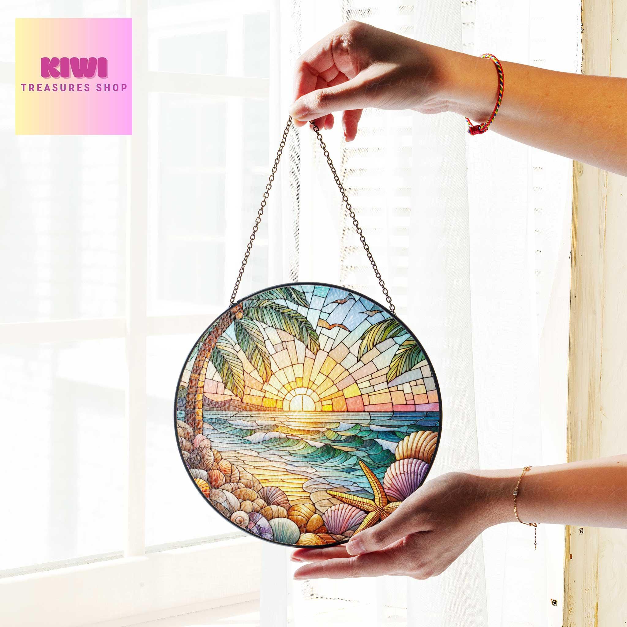 Coastal seashell Sunset Beach Glass Suncatcher Beachy Starfish Ornament with Shells, Beach House Decor, Marine Life Ornament, Beach Life