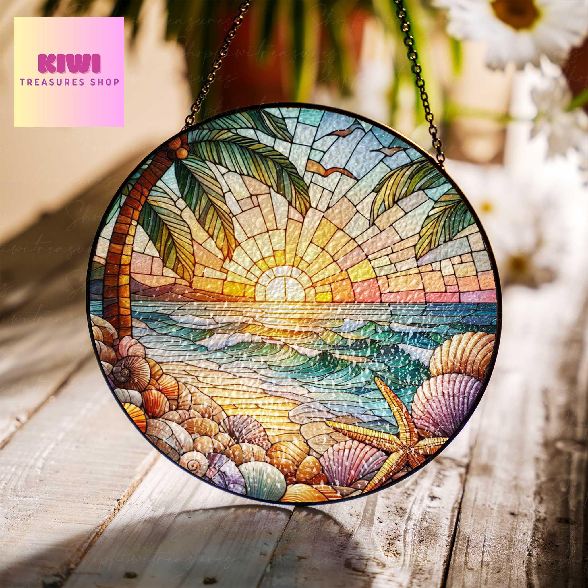 Coastal seashell Sunset Beach Glass Suncatcher Beachy Starfish Ornament with Shells, Beach House Decor, Marine Life Ornament, Beach Life