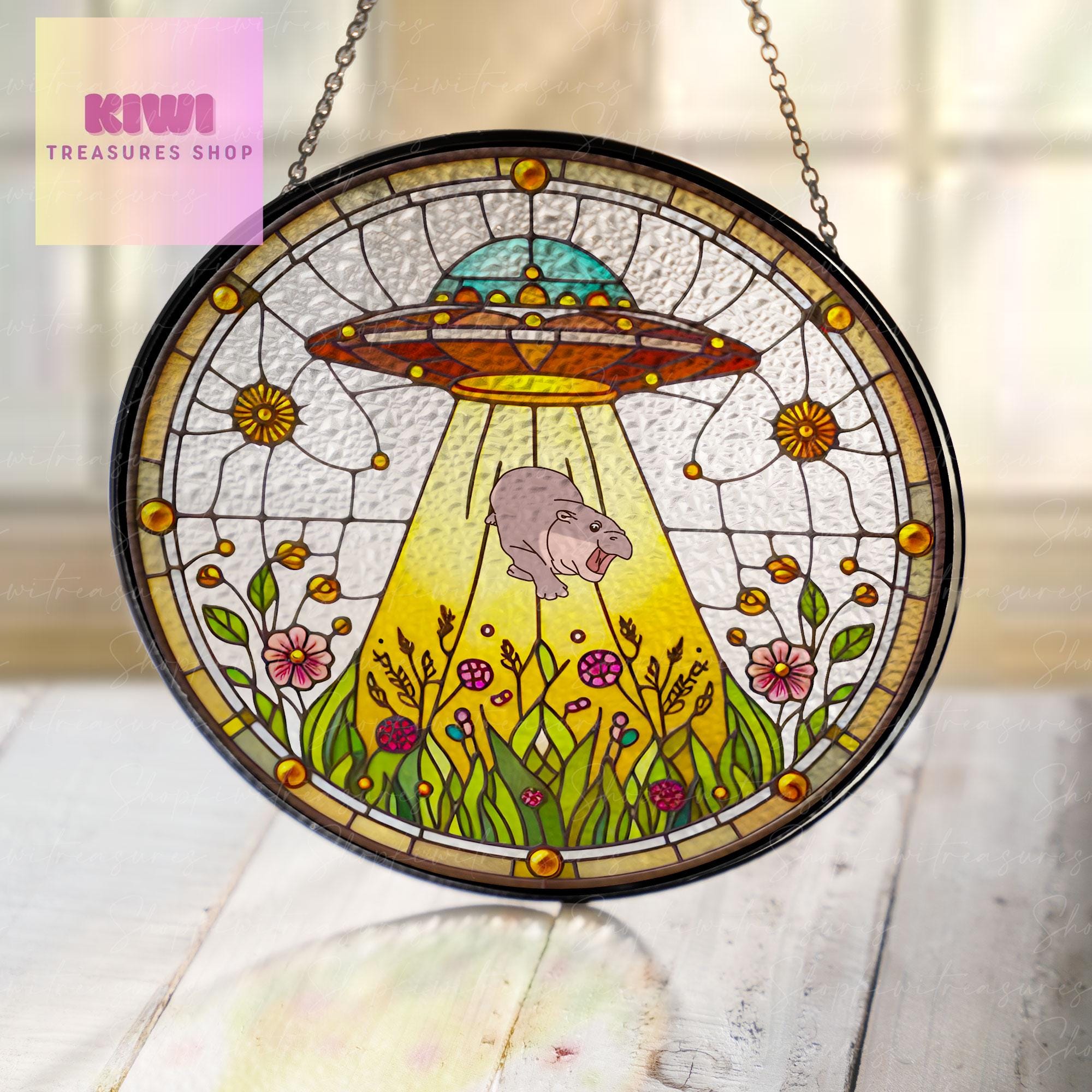 UFO Abduction baby Hippo pygmy Wildflowers Glass Hanigng- Funny Gifts for hippo lover, Window Hanging, moo deng suncatcher