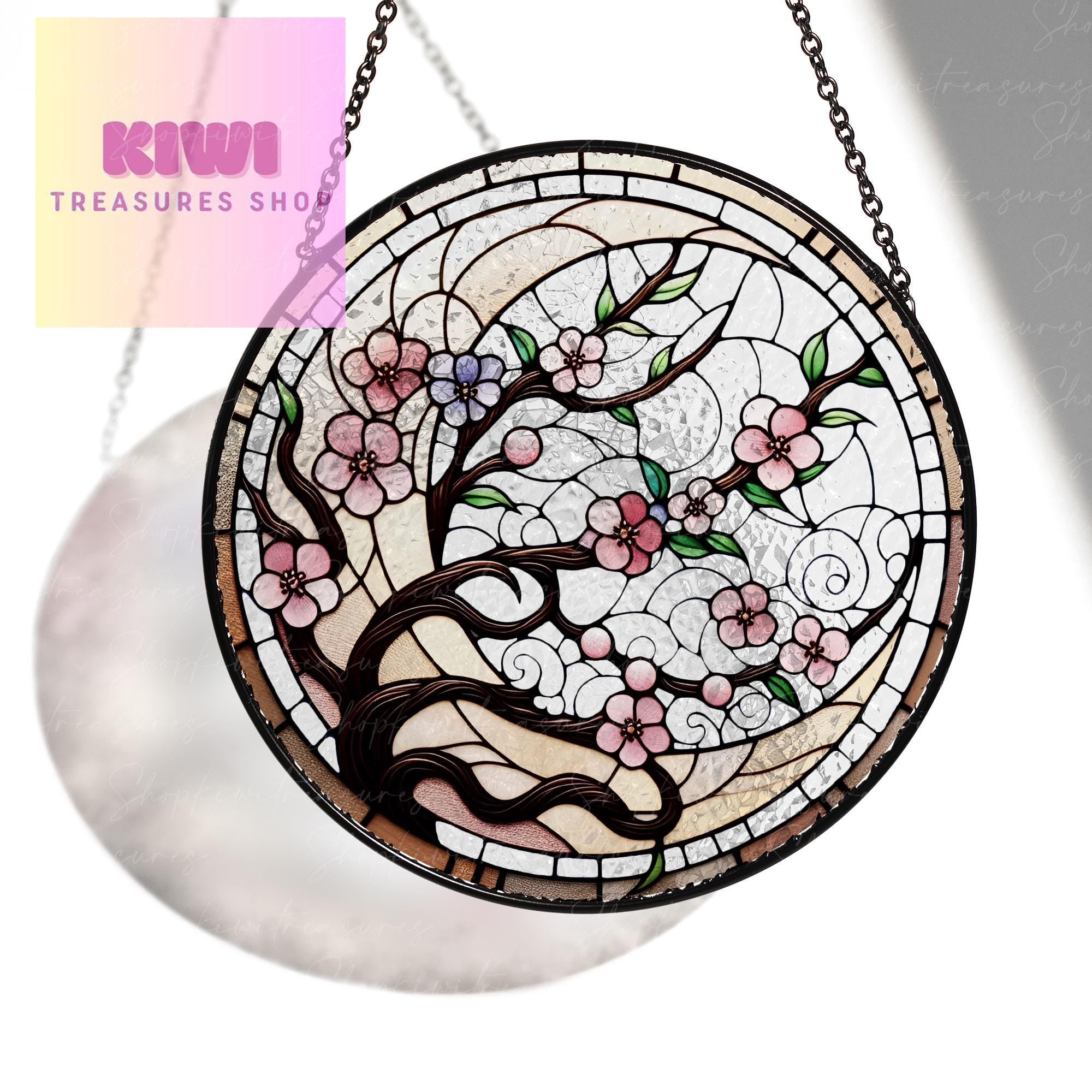 Crescent Moon with Sakura GLASS Sun Catcher | Cherry Blossom Ornament | Cherry Blossom Lover Gift | Gift for Mom | Wall Art Decor