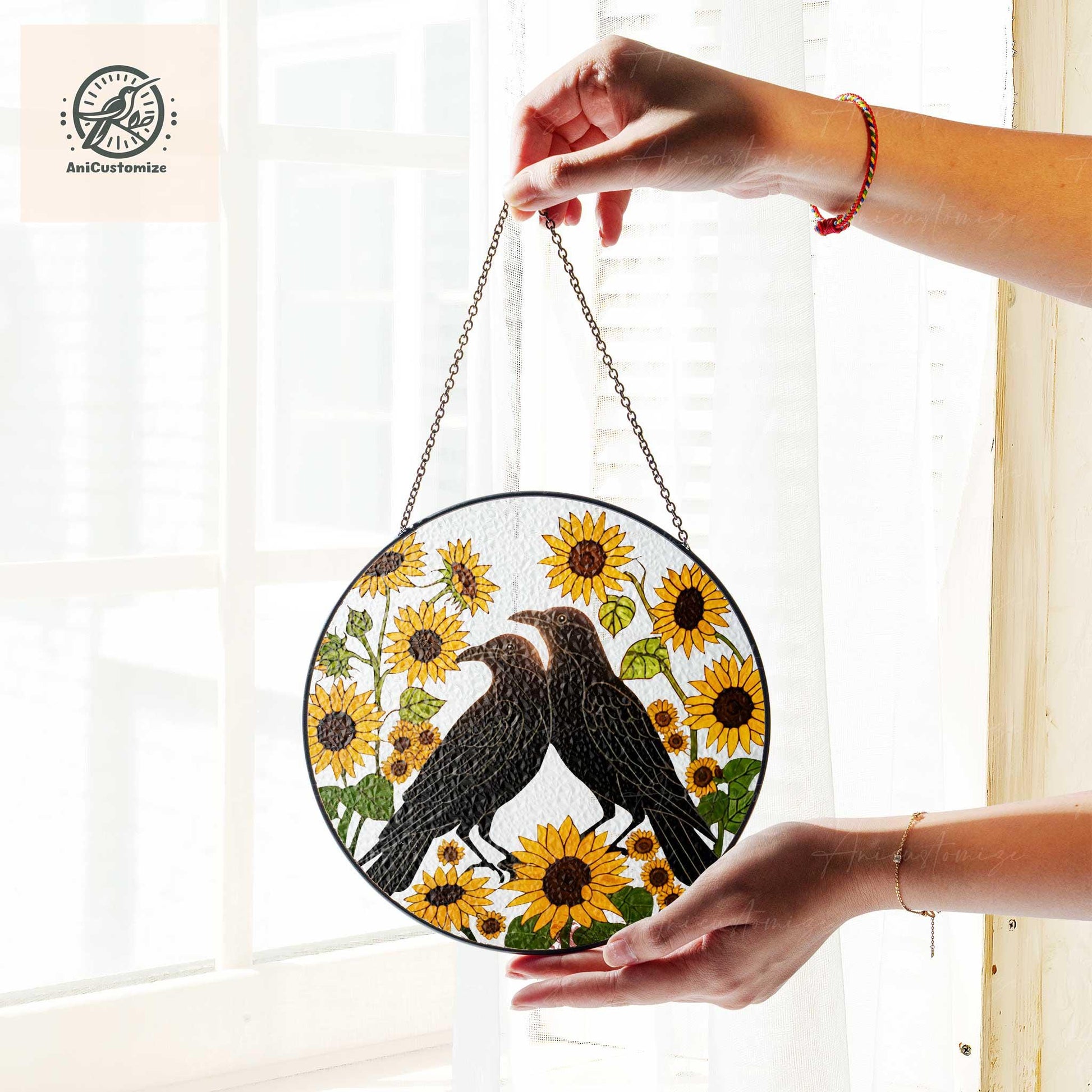 Crow Couple With Sunflower GLASS Suncatcher, Crow Couple Decor, Floral Bird, Bird Gift,Bird Lover Decor, Bird Decor, Crow  Gift,Garden Decor