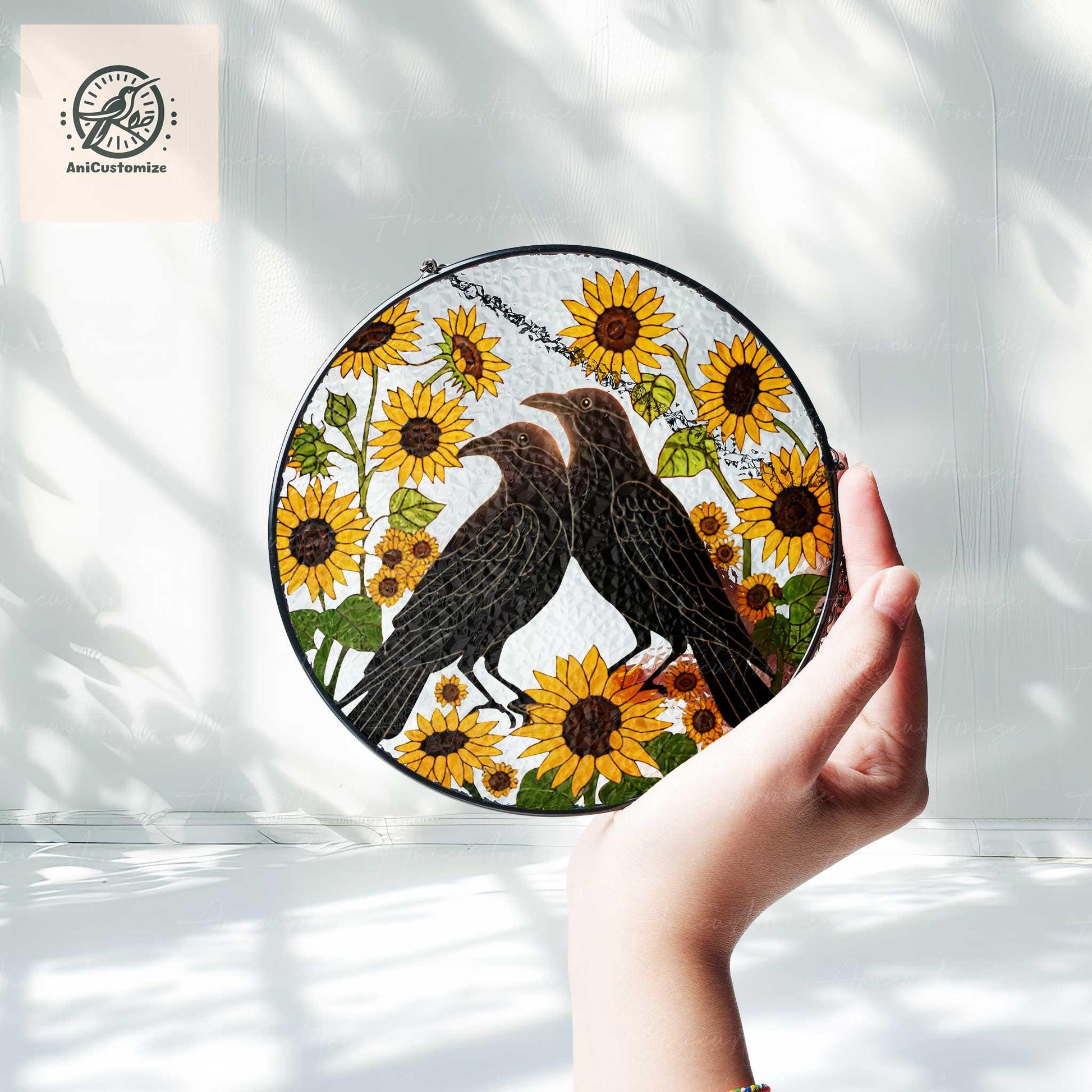 Crow Couple With Sunflower GLASS Suncatcher, Crow Couple Decor, Floral Bird, Bird Gift,Bird Lover Decor, Bird Decor, Crow  Gift,Garden Decor