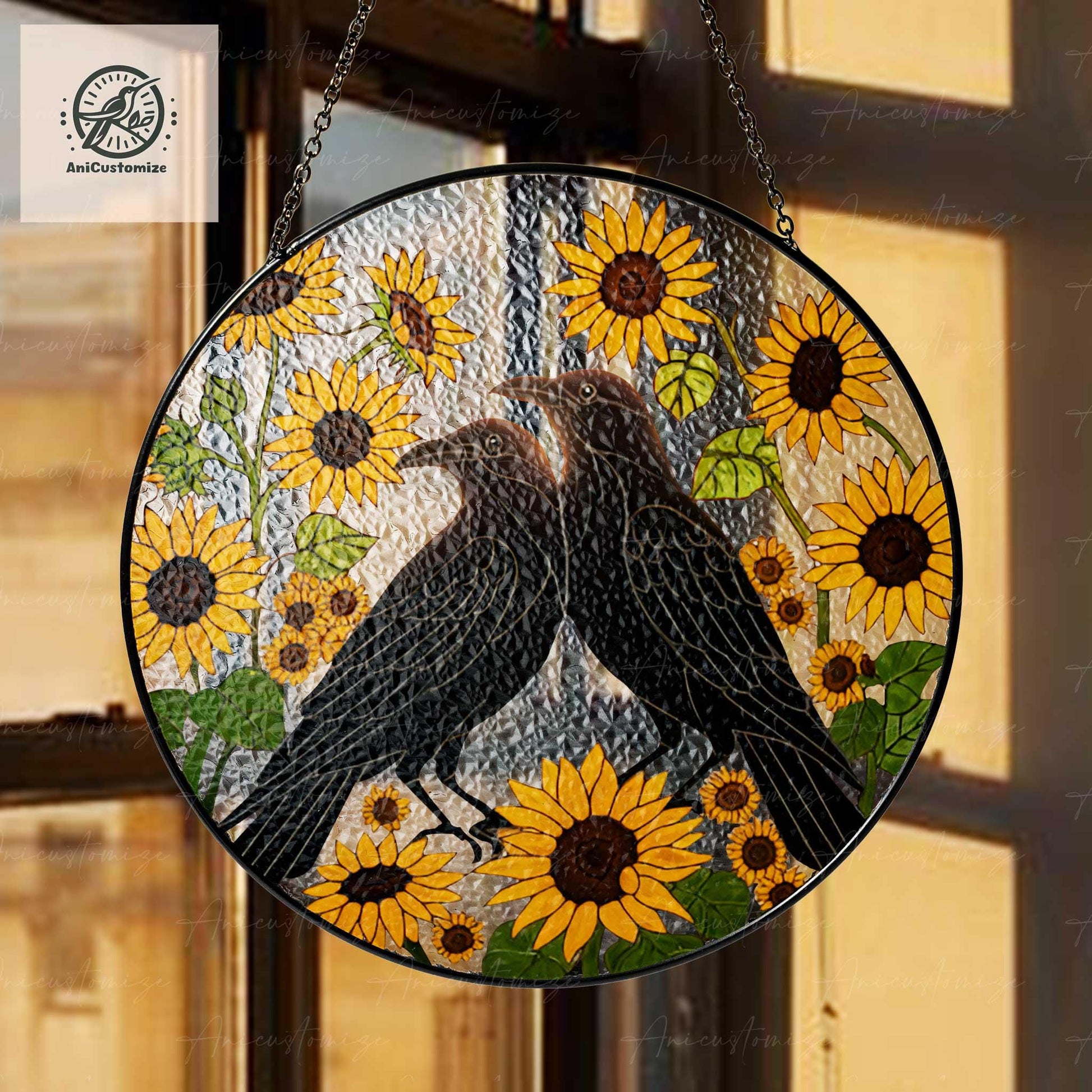 Crow Couple With Sunflower GLASS Suncatcher, Crow Couple Decor, Floral Bird, Bird Gift,Bird Lover Decor, Bird Decor, Crow  Gift,Garden Decor